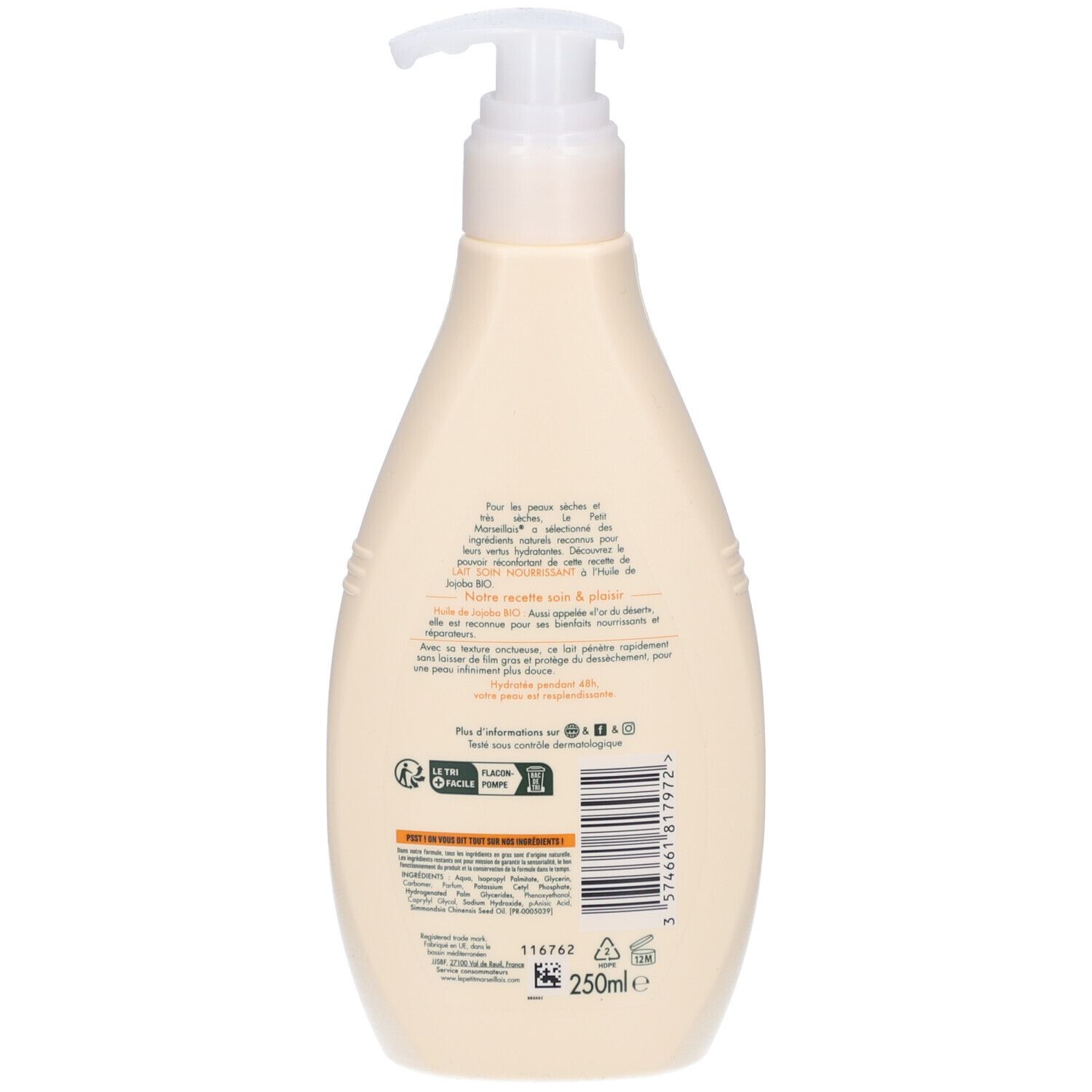 Dos du flacon pompe. Texte: informations d'utilisation, ingrédients, fabricant. Contenance 250ml.