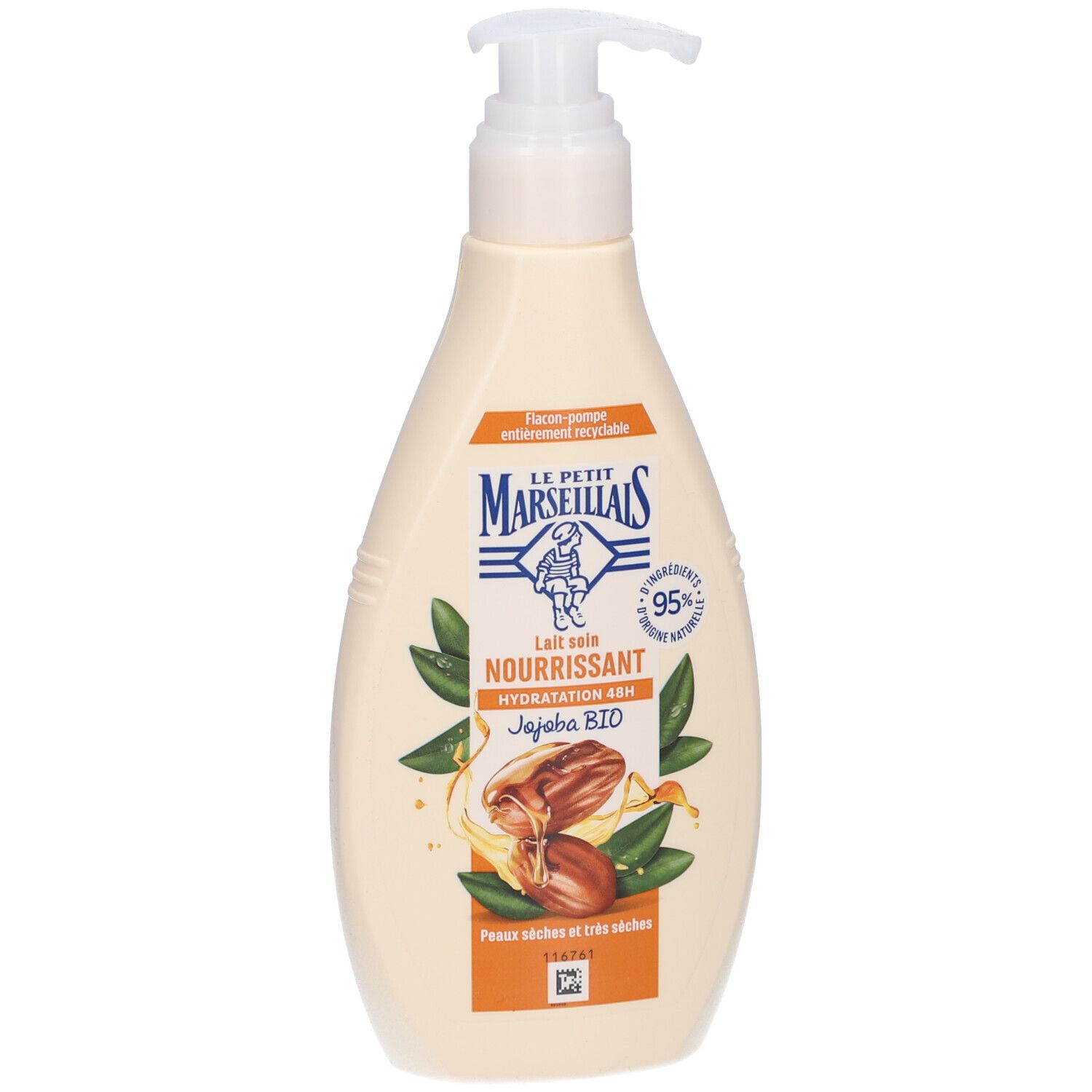 Flacon pompe LE PETIT MARSEILLAIS, Lait Soin Nourrissant, Jojoba BIO. 95% ingrédients naturels. Pour peaux sèches et très sèches.