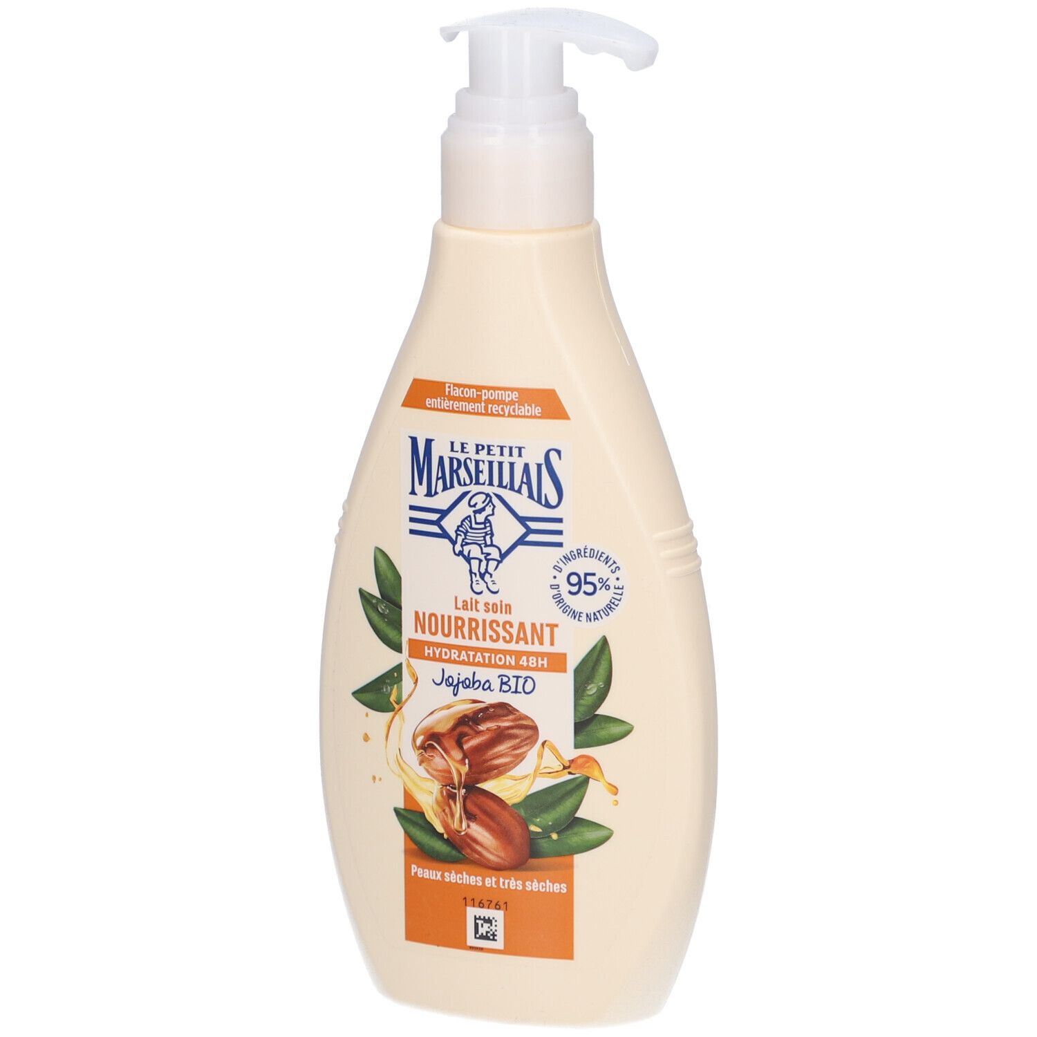 Flacon pompe LE PETIT MARSEILLAIS, Lait Soin Nourrissant, Jojoba BIO. 95% ingrédients naturels. Pour peaux sèches et très sèches.