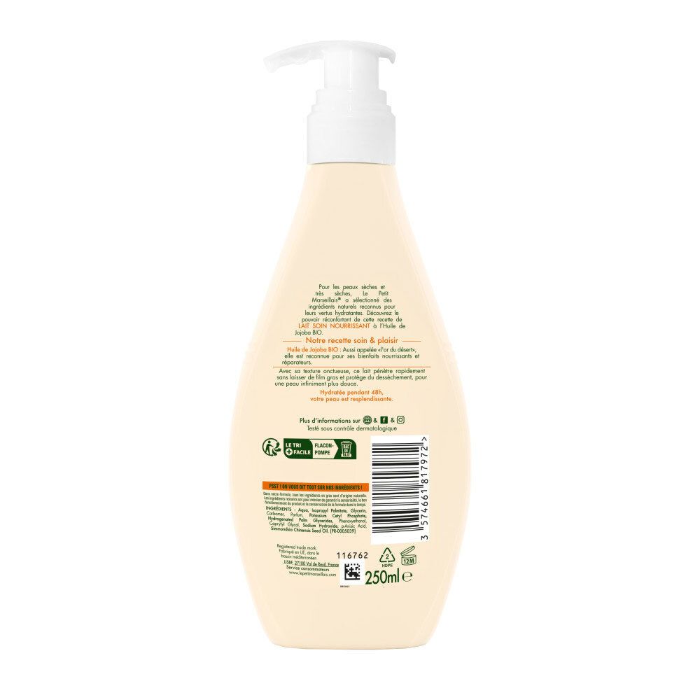 Arrière d'un flacon Le Petit Marseillais Lait de soin avec instructions et ingrédients.
