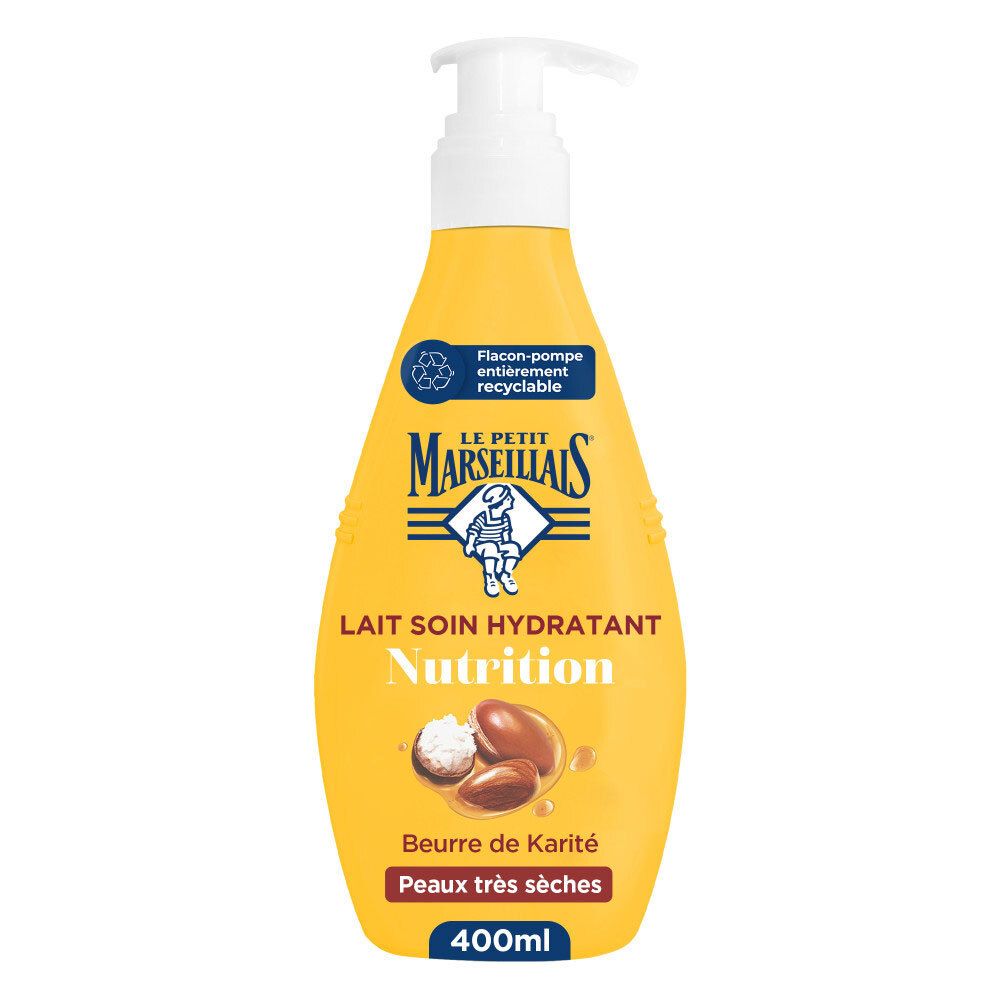 Flacon pompe jaune Le Petit Marseillais Lait Soin Hydratant Nutrition pour peaux très sèches, 400ml.