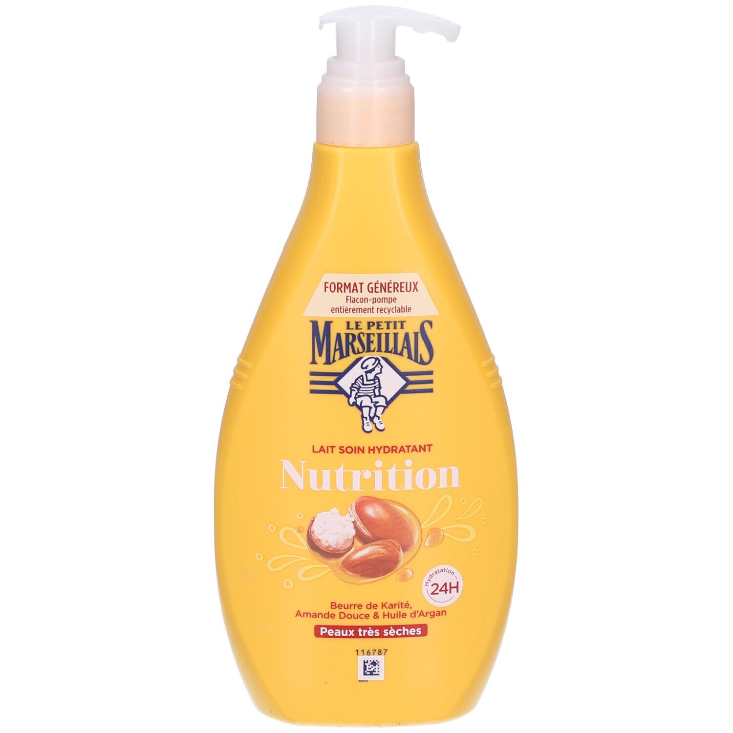 Gelbe Flasche mit Spender. Aufschrift: Lait Soin Hydratant Nutrition. Enthält Shea Butter, süße Mandel und Arganöl.