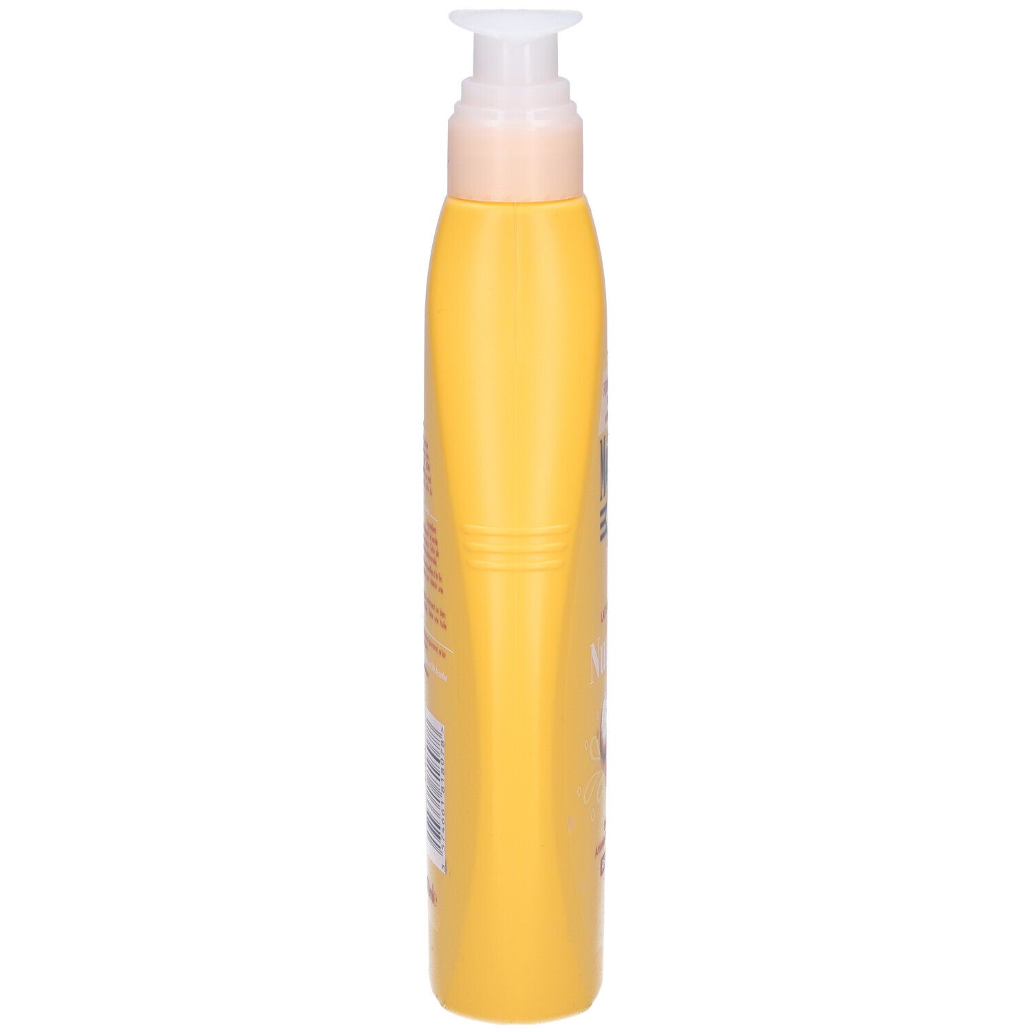Gelbe Flasche mit Spender. Seitenansicht. Text auf der Flasche.
