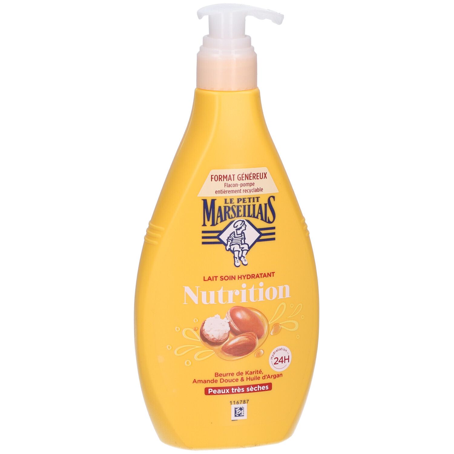 Gelbe Flasche mit Spender. Aufschrift: Lait Soin Hydratant Nutrition. Enthält Shea Butter, süße Mandel und Arganöl.