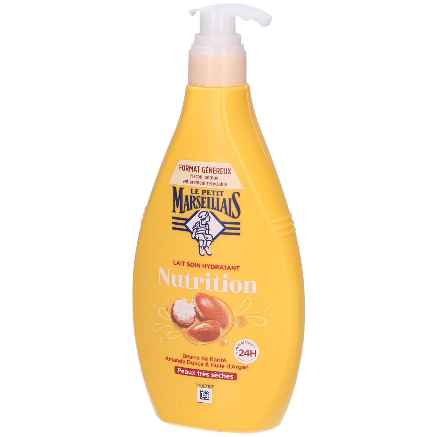 Gelbe Flasche mit Spender. Aufschrift: Lait Soin Hydratant Nutrition. Enthält Shea Butter, süße Mandel und Arganöl.
