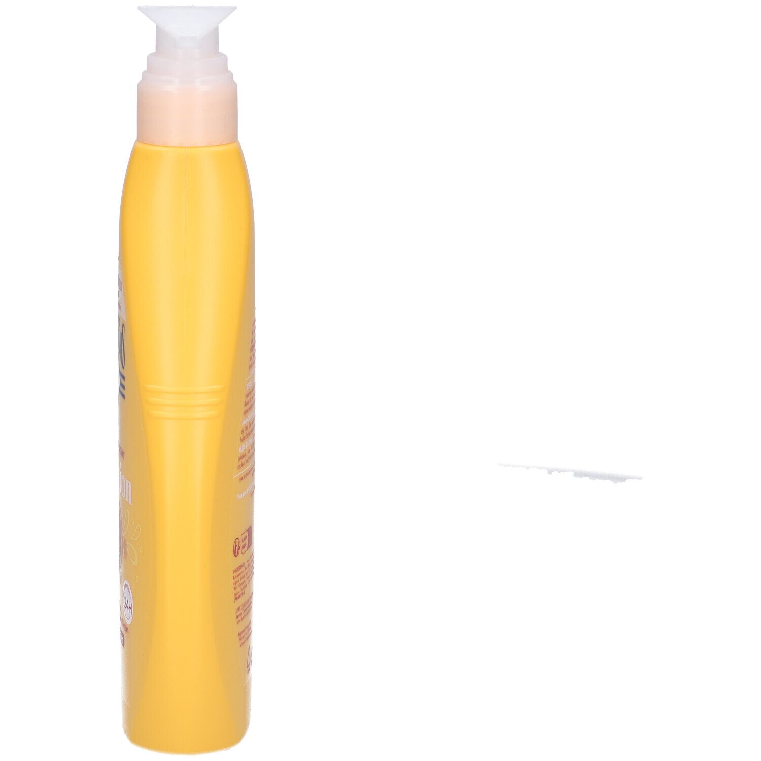 Gelbe Flasche mit Spender, Seitenansicht. Text auf der Flasche.