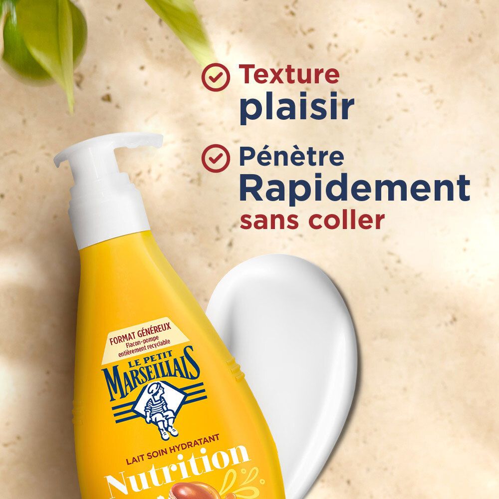 Flacon pompe jaune Le Petit Marseillais Lait Soin Hydratant Nutrition, texte : "Texture plaisir" et "Pénètre Rapidement sans coller".