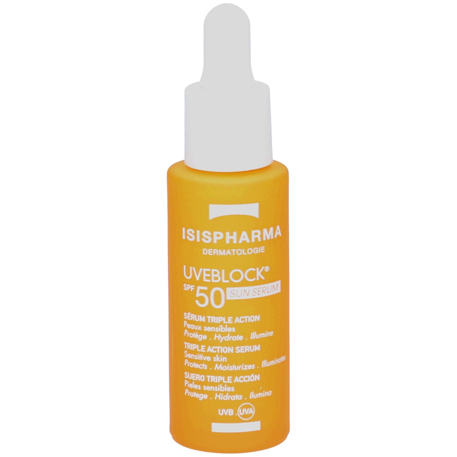 Flacon orange avec applicateur blanc. Inscription: ISISPHARMA Uveblock SPF 50+ Sun Serum. Produit pour peaux sensibles.