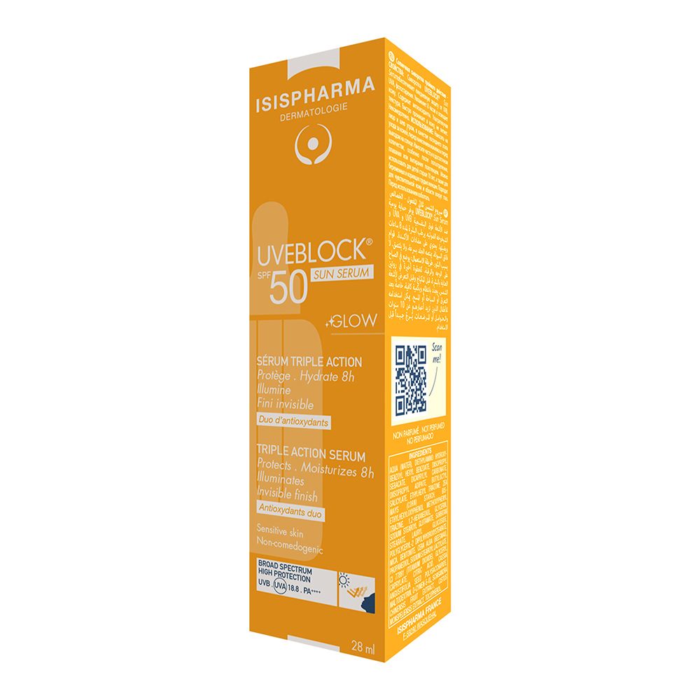 Gelbe Verpackung mit Produkt und Text. ISISPHARMA Uveblock SPF 50+ Sun Serum. QR-Code.