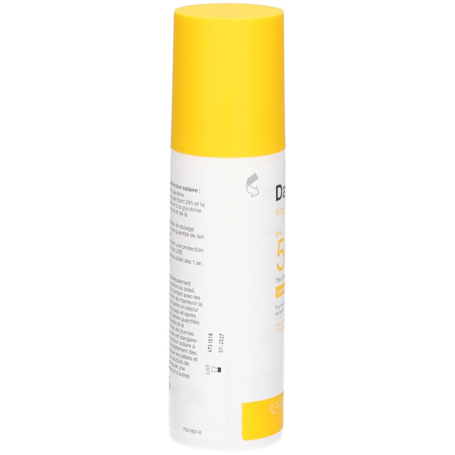 Seitenansicht der Daylong Kids Sonnenmilch LSF 50+ Sprühflasche.