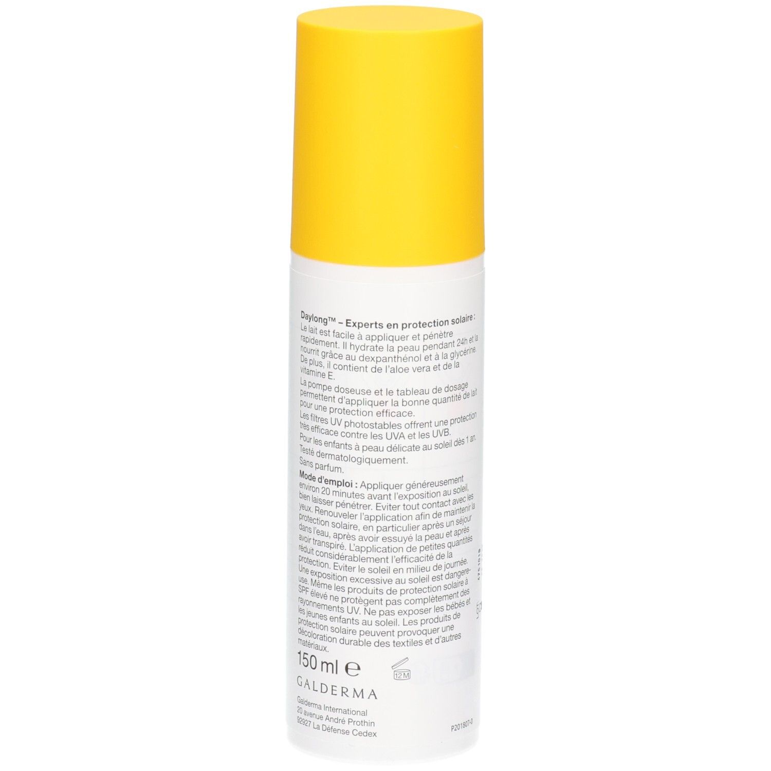 Rückseite der Daylong Kids Sonnenmilch LSF 50+ Sprühflasche mit Produktinformationen.