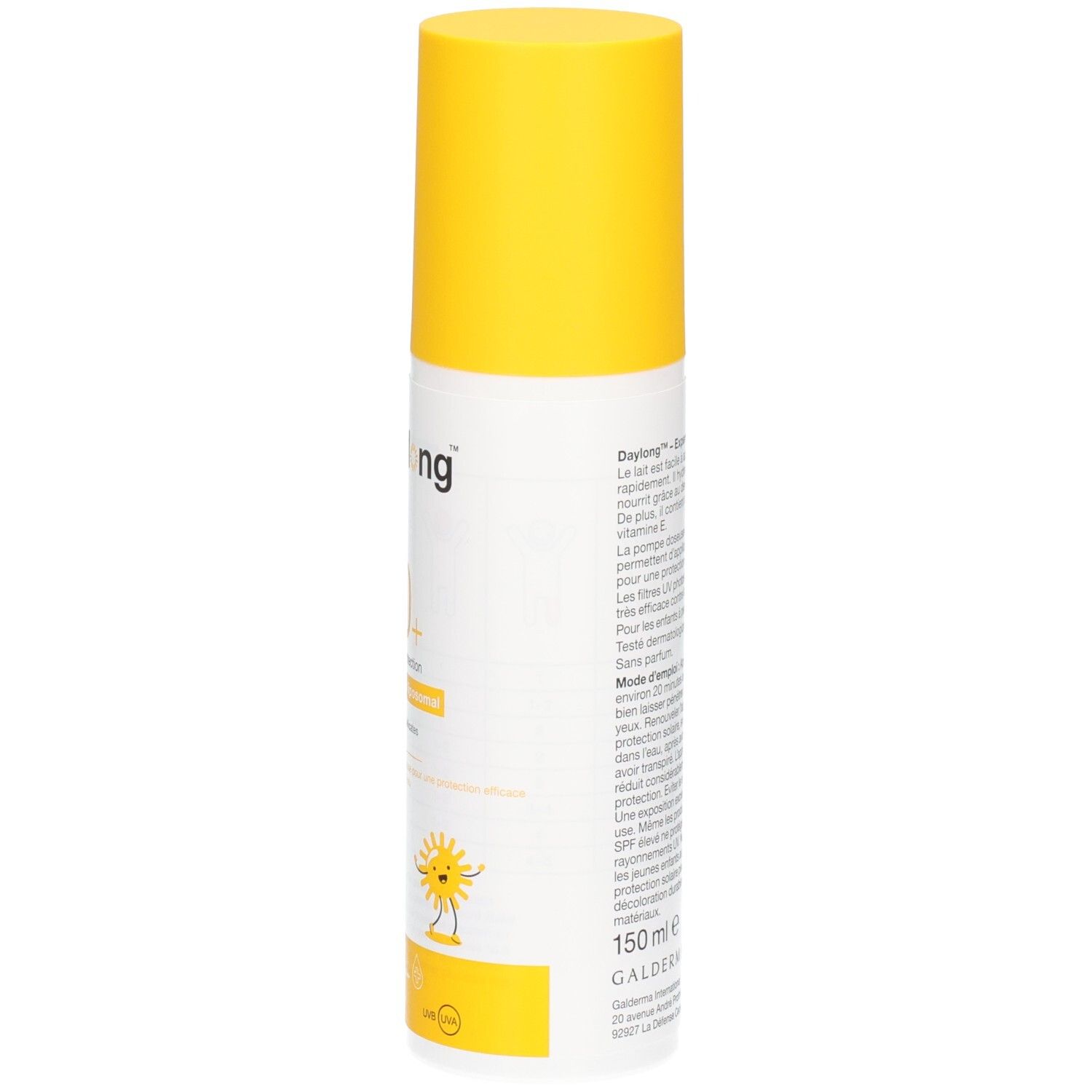 Seitenansicht der Daylong Kids Sonnenmilch LSF 50+ Sprühflasche mit Produktinformationen.