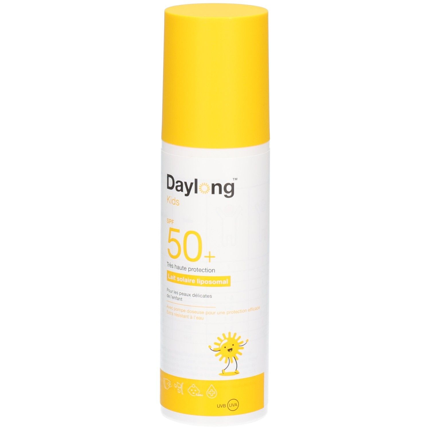 Daylong Kids Sonnenmilch LSF 50+ in weißer Sprühflasche mit gelbem Verschluss und Sonne-Symbol.