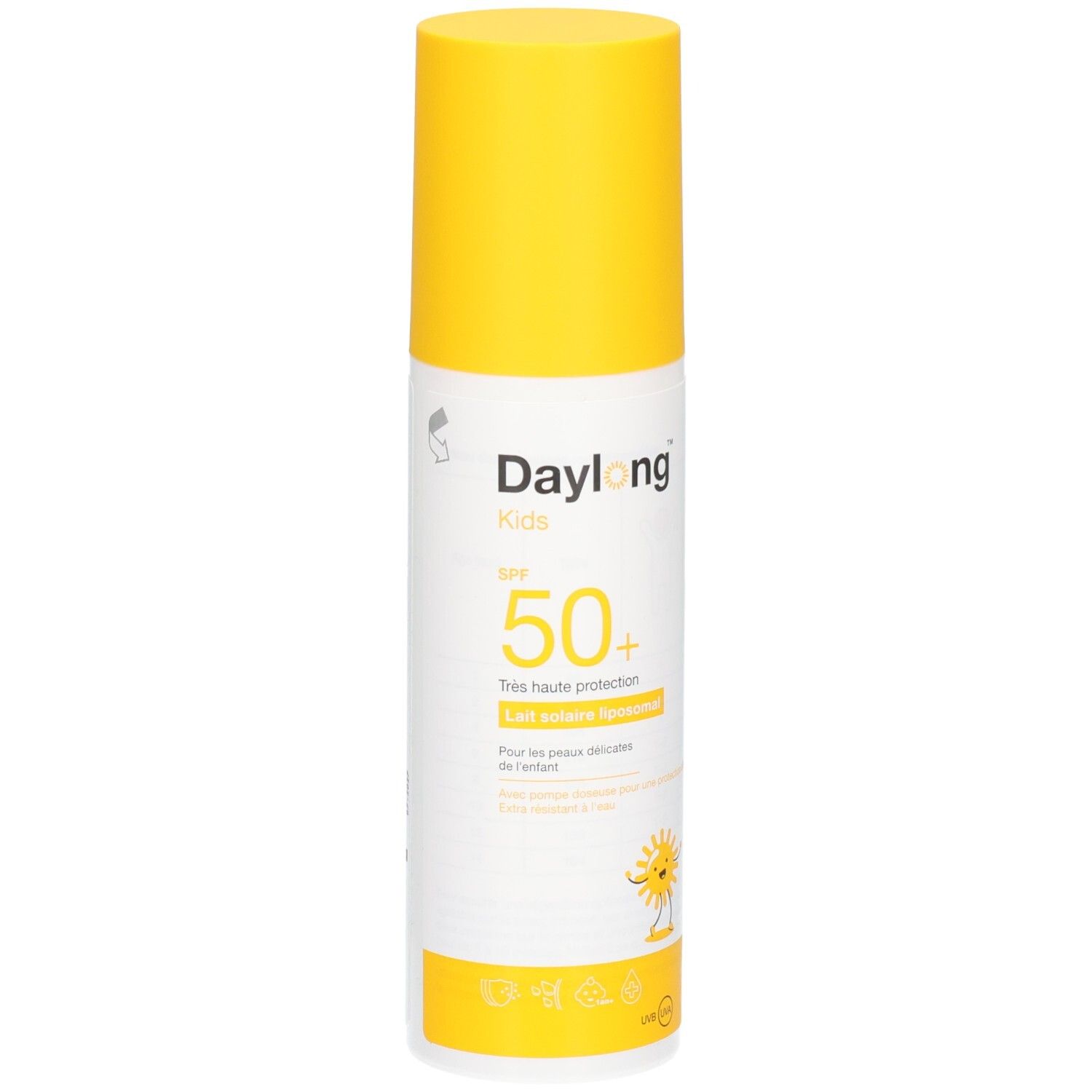 Daylong Kids Sonnenmilch LSF 50+ in weißer Sprühflasche mit gelbem Verschluss und Sonne-Symbol.