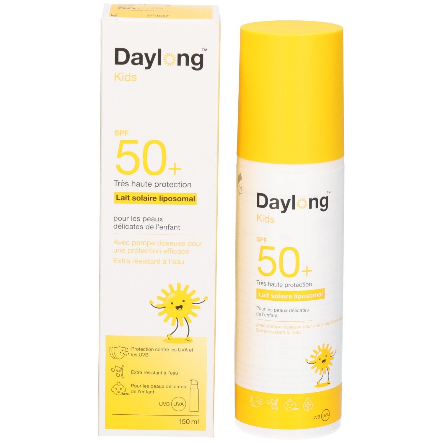 Daylong Kids Sonnenmilch LSF 50+ und Umverpackung, beide mit gelbem Verschluss.
