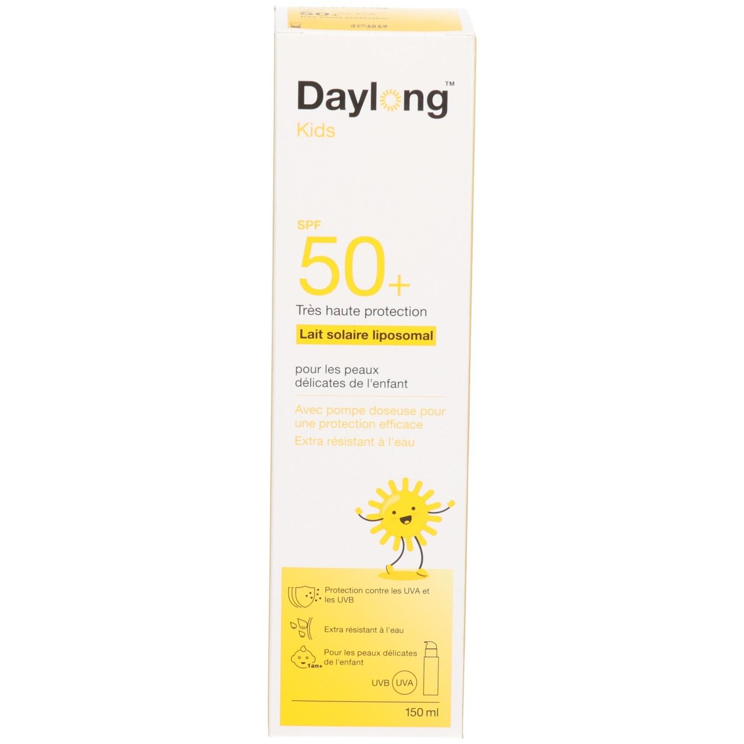 Umverpackung der Daylong Kids Sonnenmilch LSF 50+ mit Produktinformationen und Sonne-Symbol.