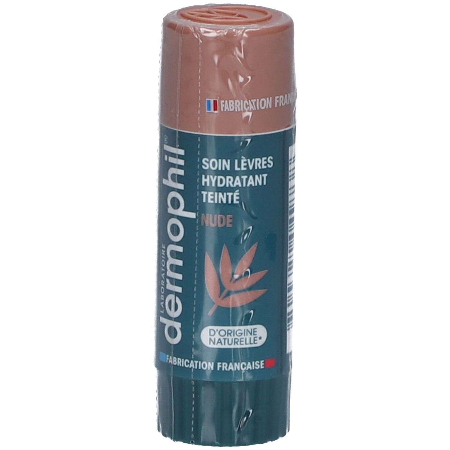 Lippenpflegestift in Verpackung. Marke: dermophil. Aufschrift: SOIN LÈVRES HYDRATANT TEINTÉ NUDE. Hergestellt in Frankreich.