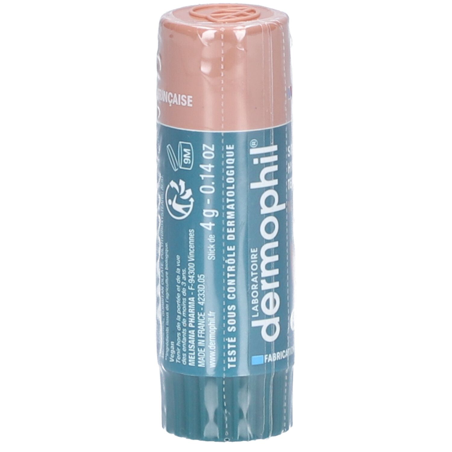 Lippenpflegestift in Verpackung. Marke: dermophil. Aufschrift: 4 g - 0.14 oz. Getestet unter dermatologischer Kontrolle. Hergestellt in Frankreich.