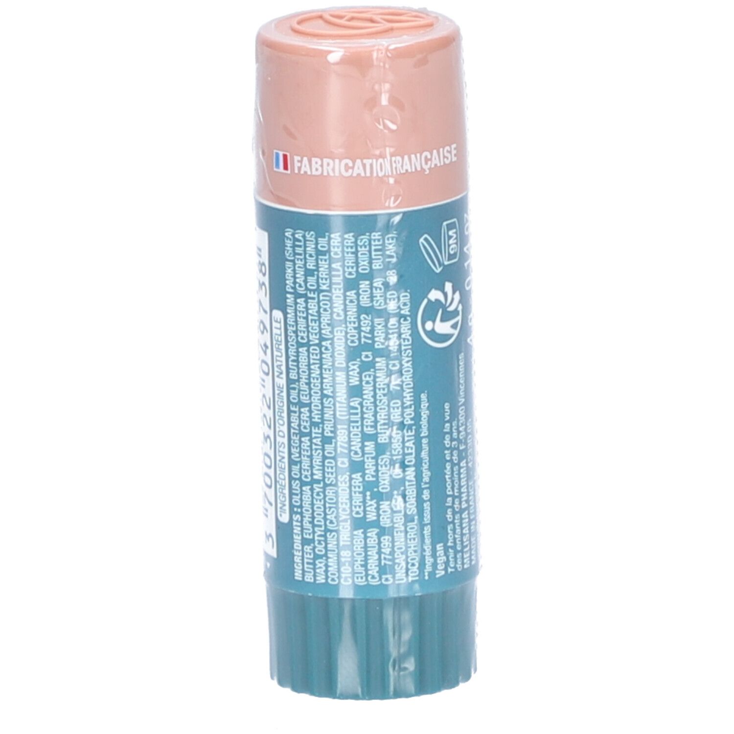 Lippenpflegestift in Verpackung. Aufschrift: Inhaltsstoffe. Hergestellt in Frankreich. Vegan.