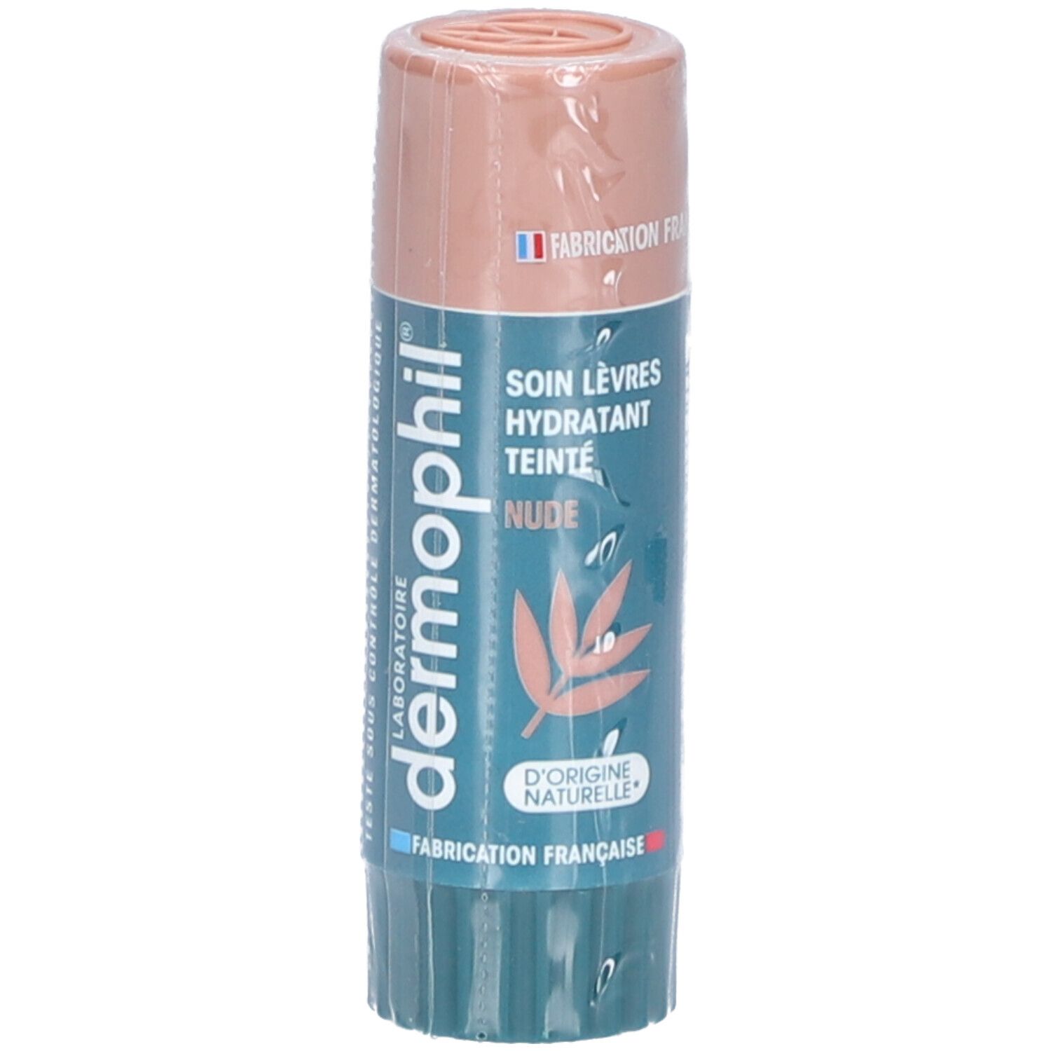 Lippenpflegestift in Verpackung. Marke: dermophil. Aufschrift: SOIN LÈVRES HYDRATANT TEINTÉ NUDE. Hergestellt in Frankreich.