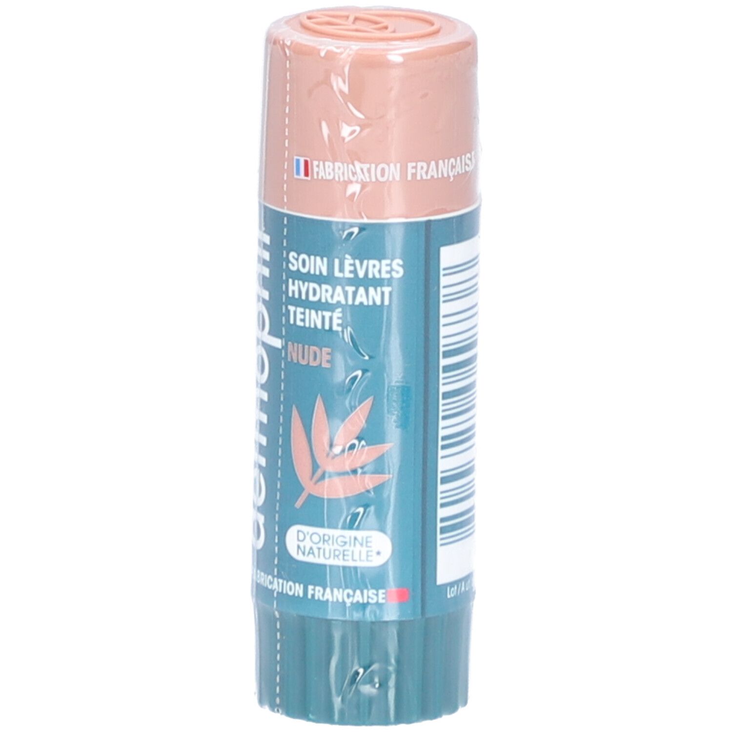 Lippenpflegestift in Verpackung. Marke: dermophil. Aufschrift: SOIN LÈVRES HYDRATANT TEINTÉ NUDE. Hergestellt in Frankreich.