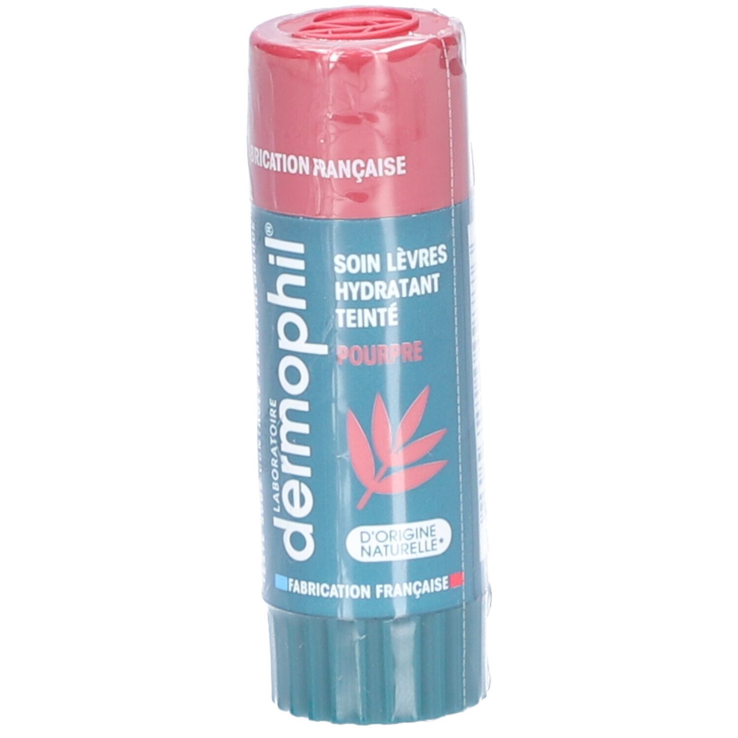 Lippenpflegestift mit rosafarbenem Deckel und grünem Boden. Aufschrift: Soin Lèvres Hydratant Teinté Pourpre. Französische Herstellung.