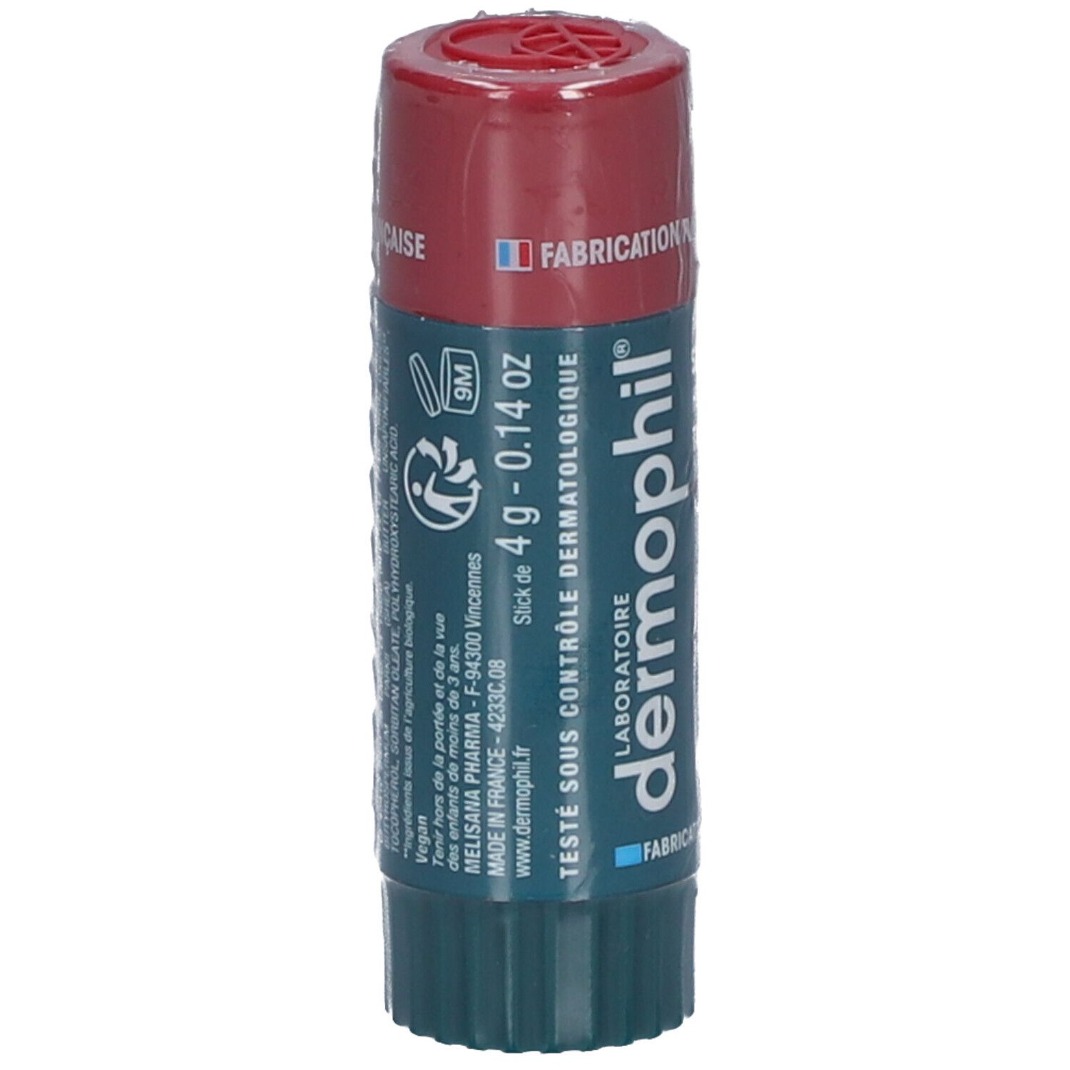 Lippenpflegestift mit rotem Deckel und grünem Boden. Aufschrift: 4 g - 0.14 oz. Getestet unter dermatologischer Kontrolle. Hergestellt in Frankreich.