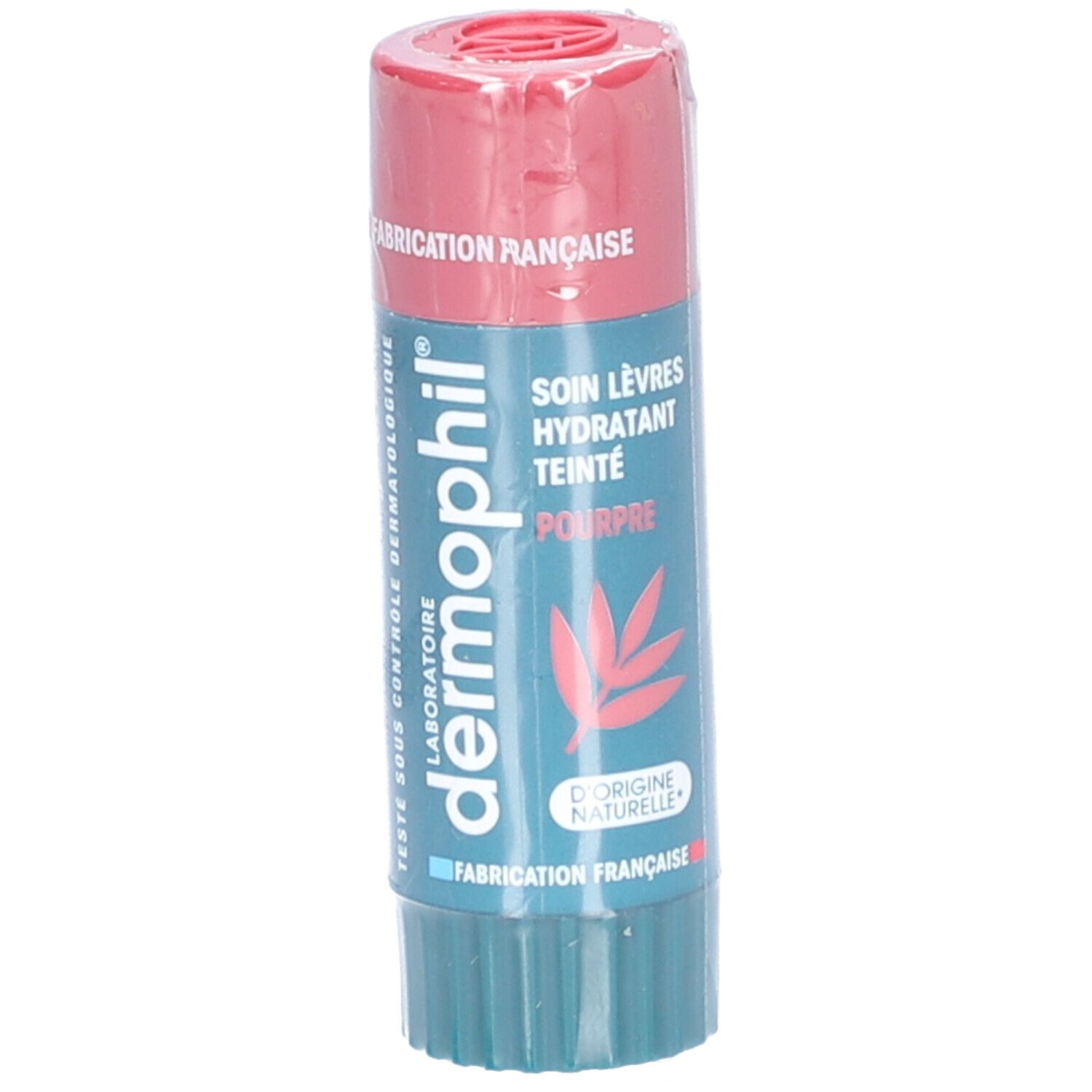 Lippenpflegestift mit rosafarbenem Deckel und grünem Boden. Aufschrift: Soin Lèvres Hydratant Teinté Pourpre. Französische Herstellung.