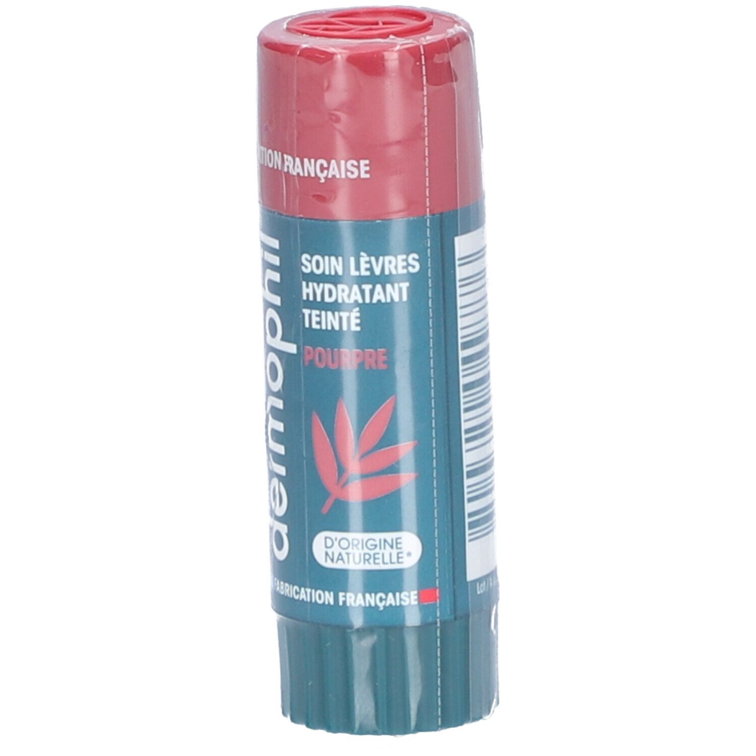 Lippenpflegestift mit rosafarbenem Deckel und grünem Boden. Aufschrift: Soin Lèvres Hydratant Teinté Pourpre. Französische Herstellung.