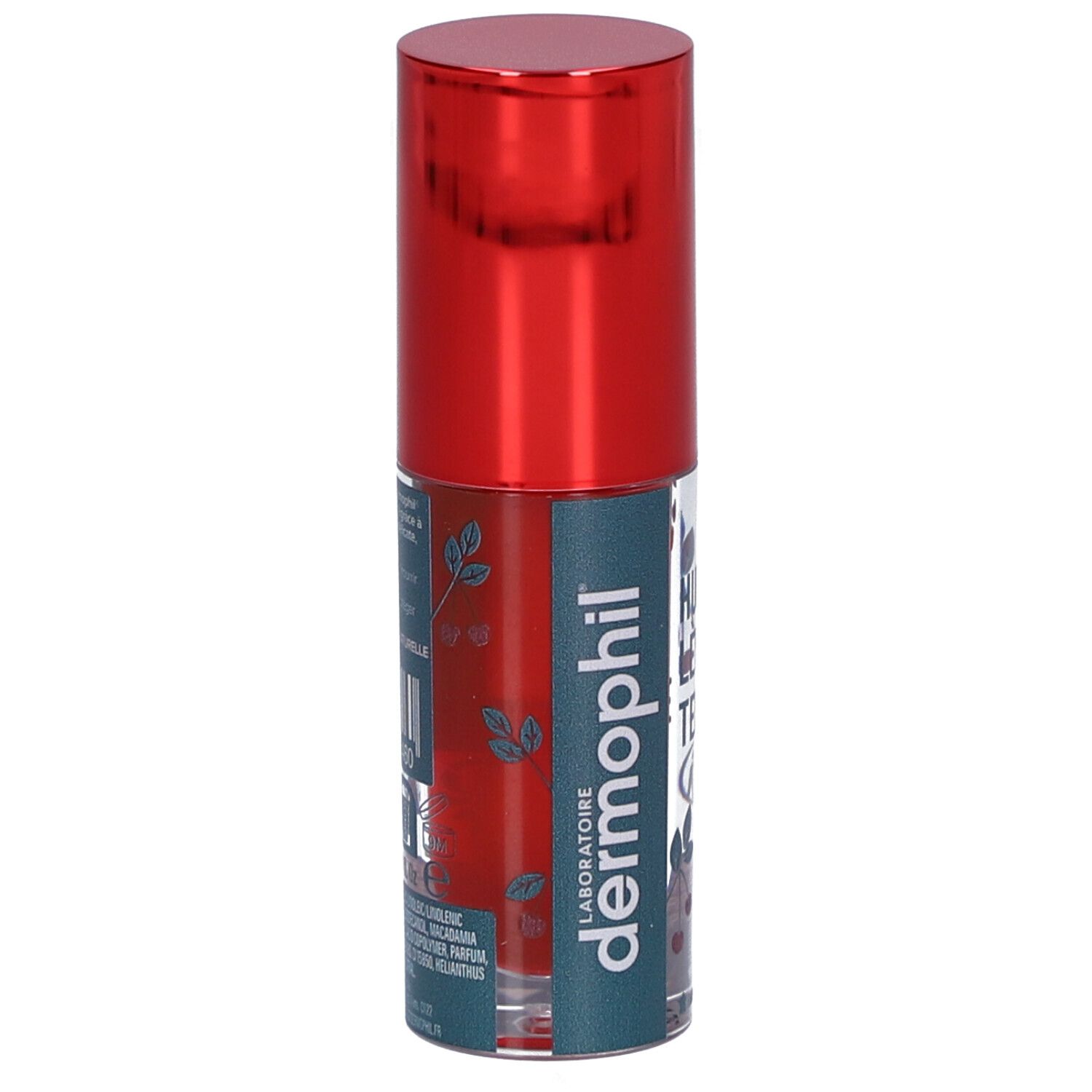 Huile lèvres teintée dans un flacon transparent avec bouchon rouge. Inscription: dermophil, Huile Lèvres Teintée.