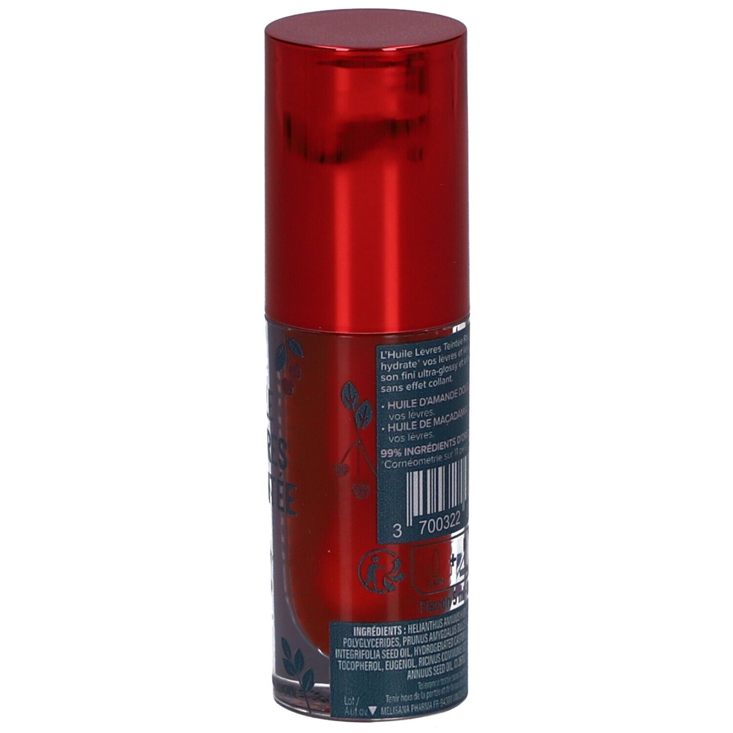 Dos du packaging de l'huile à lèvres. Texte avec ingrédients et code-barres. Inscription: Huile Lèvres Teintée.