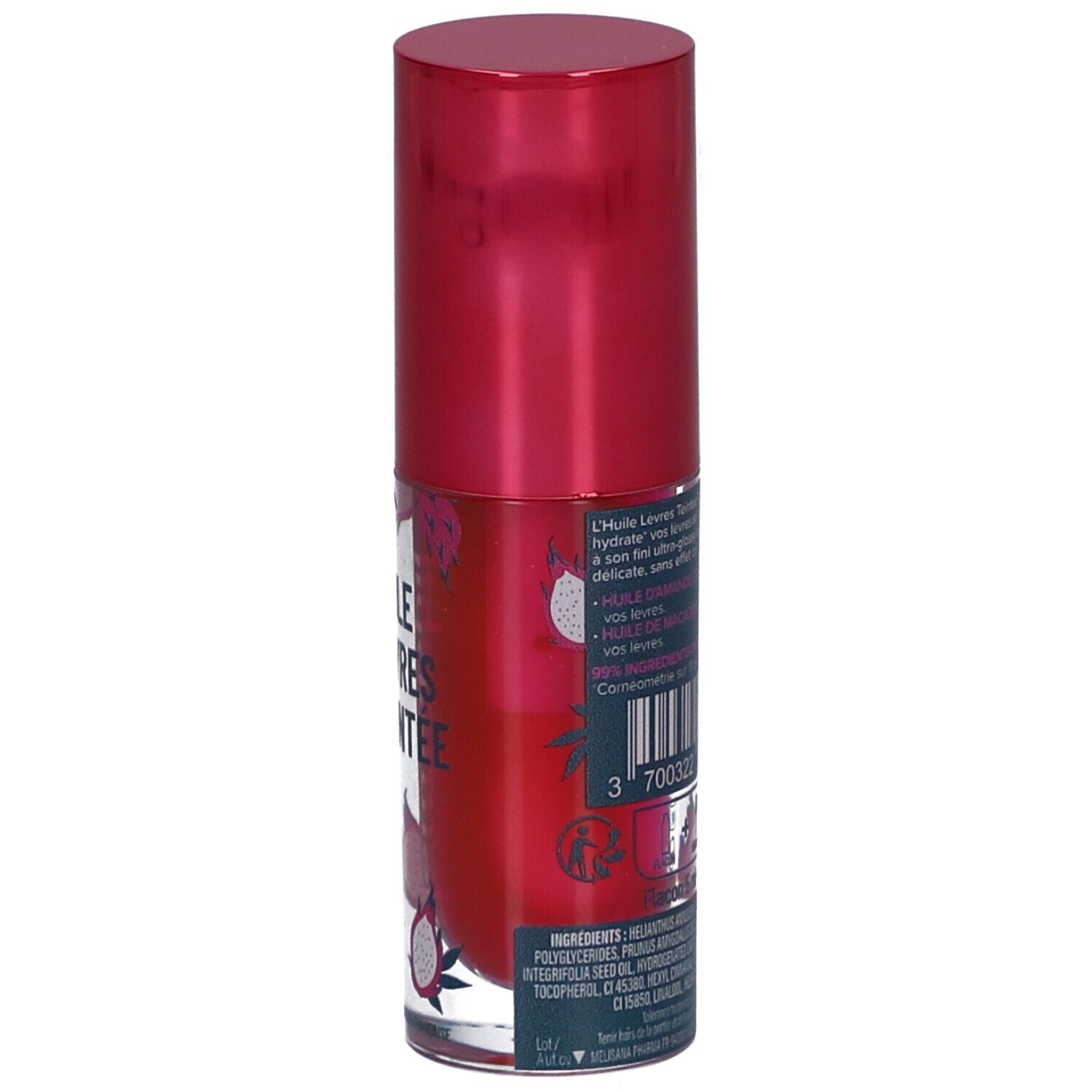 Rückseite einer Flasche mit rosa Deckel. Text: Huile Lèvres Teintée. Barcode und Inhaltsstoffe.