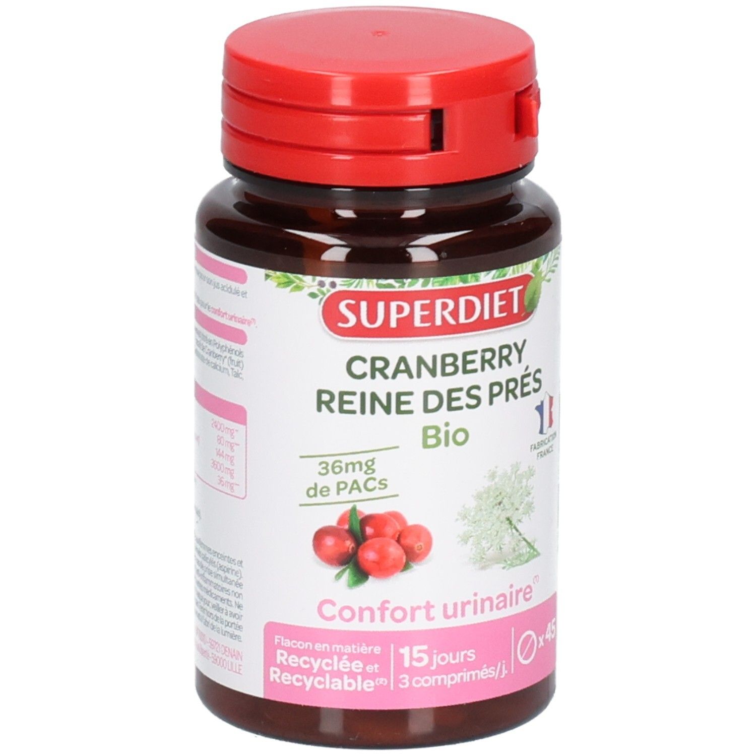 Braune Flasche mit rotem Deckel. Aufschrift: SUPERDIET Cranberry Reine des Prés Bio. 36mg de PACs. Komfort urinair. 45 Kapseln.