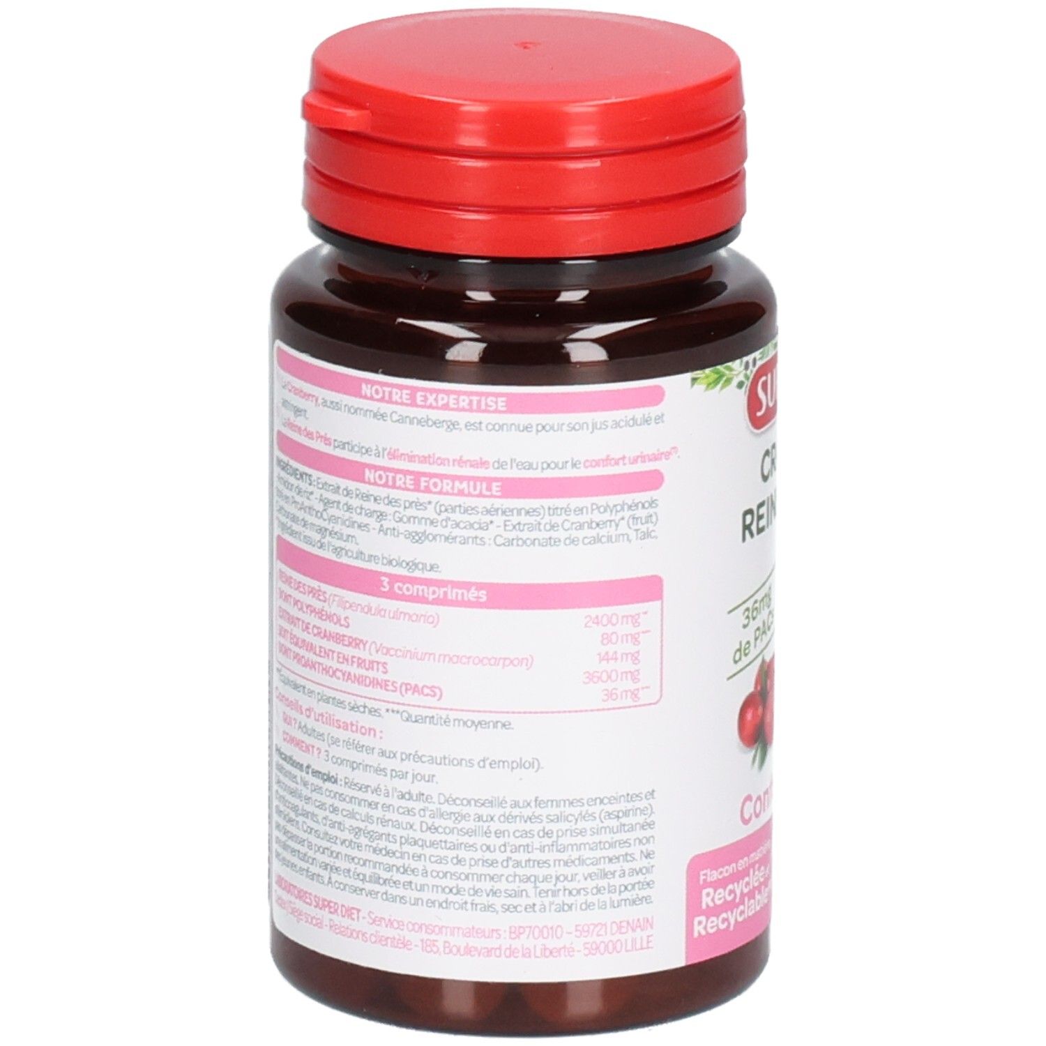 Rückseite der Flasche. Text: Inhaltsstoffe, Gebrauchsanweisung, Warnhinweise. SUPERDIET Cranberry Reine des Prés Bio. 36mg de PACs.