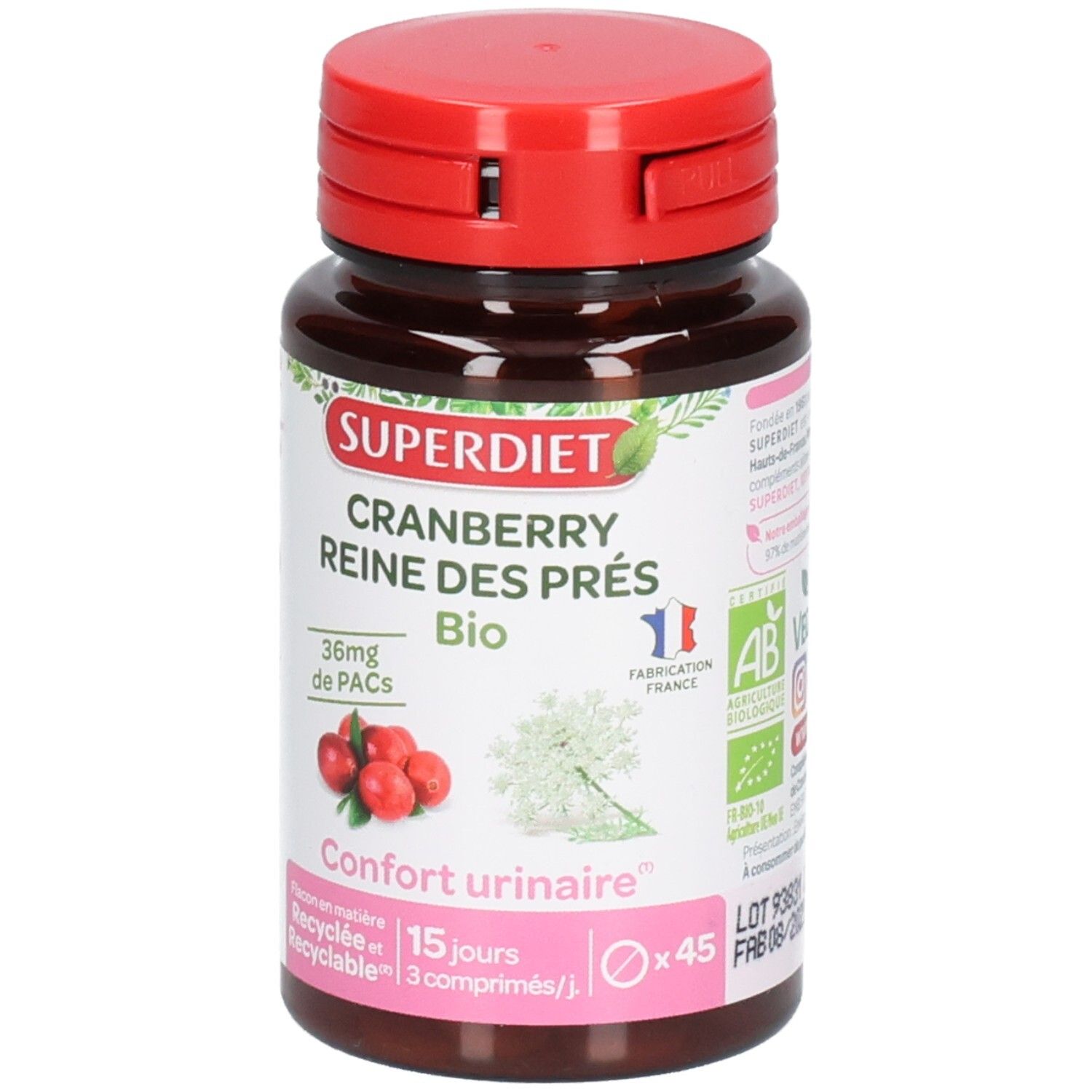 Braune Flasche mit rotem Deckel. Aufschrift: SUPERDIET Cranberry Reine des Prés Bio. 36mg de PACs. Confort urinair. AB-Siegel.