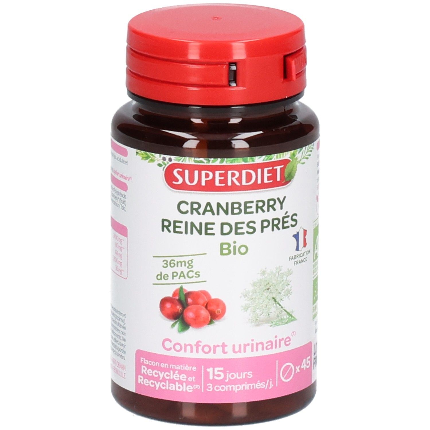 Braune Flasche mit rotem Deckel. Aufschrift: SUPERDIET Cranberry Reine des Prés Bio. 36mg de PACs. Confort urinair. 45 Kapseln.