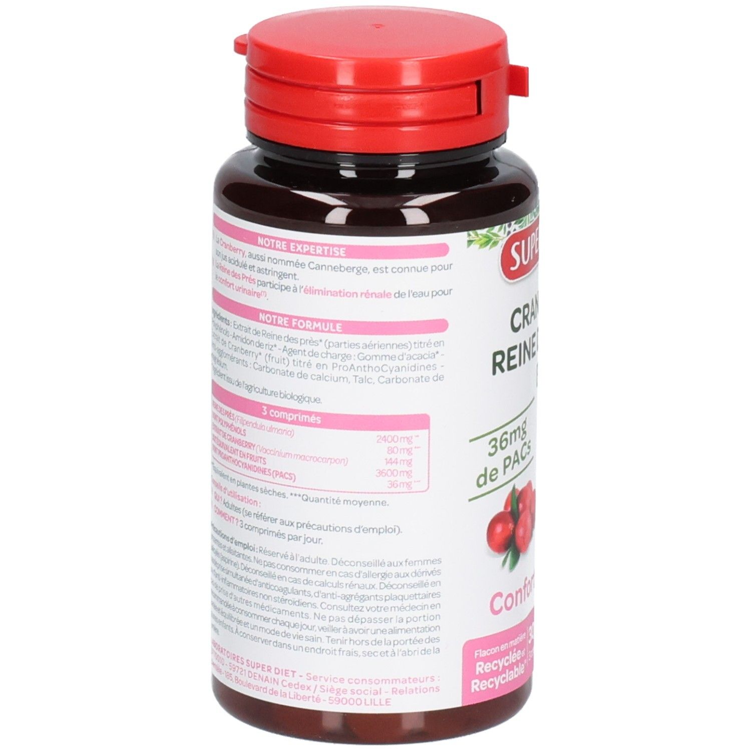 Rückseite der Flasche. Textinformationen. Aufschrift: SUPERDIET. Cranberry-Abbildung. Roter Deckel. Braune Flasche.