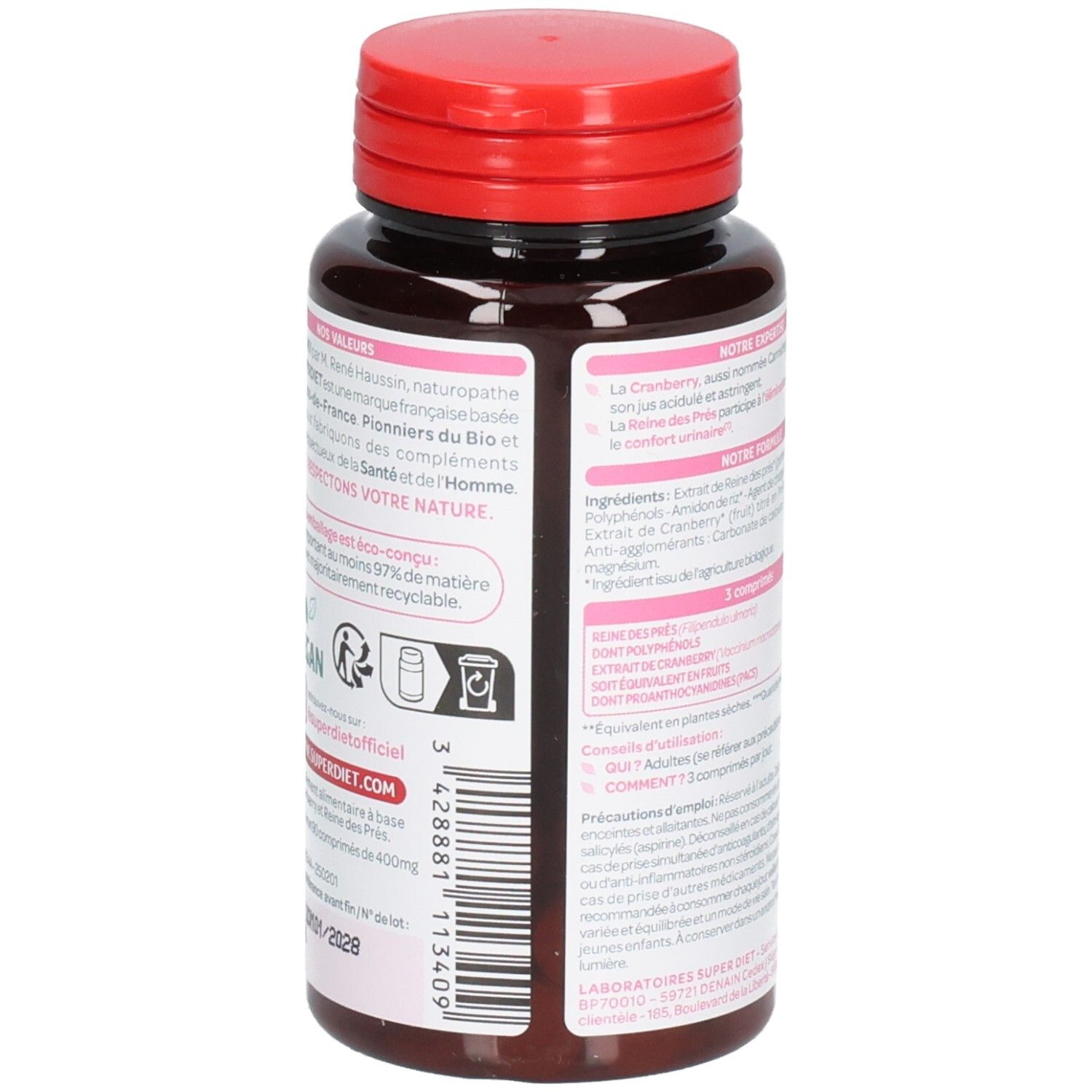 Rückseite der Flasche. Textinformationen. Barcode. Aufschrift: SUPERDIET. Roter Deckel. Braune Flasche.