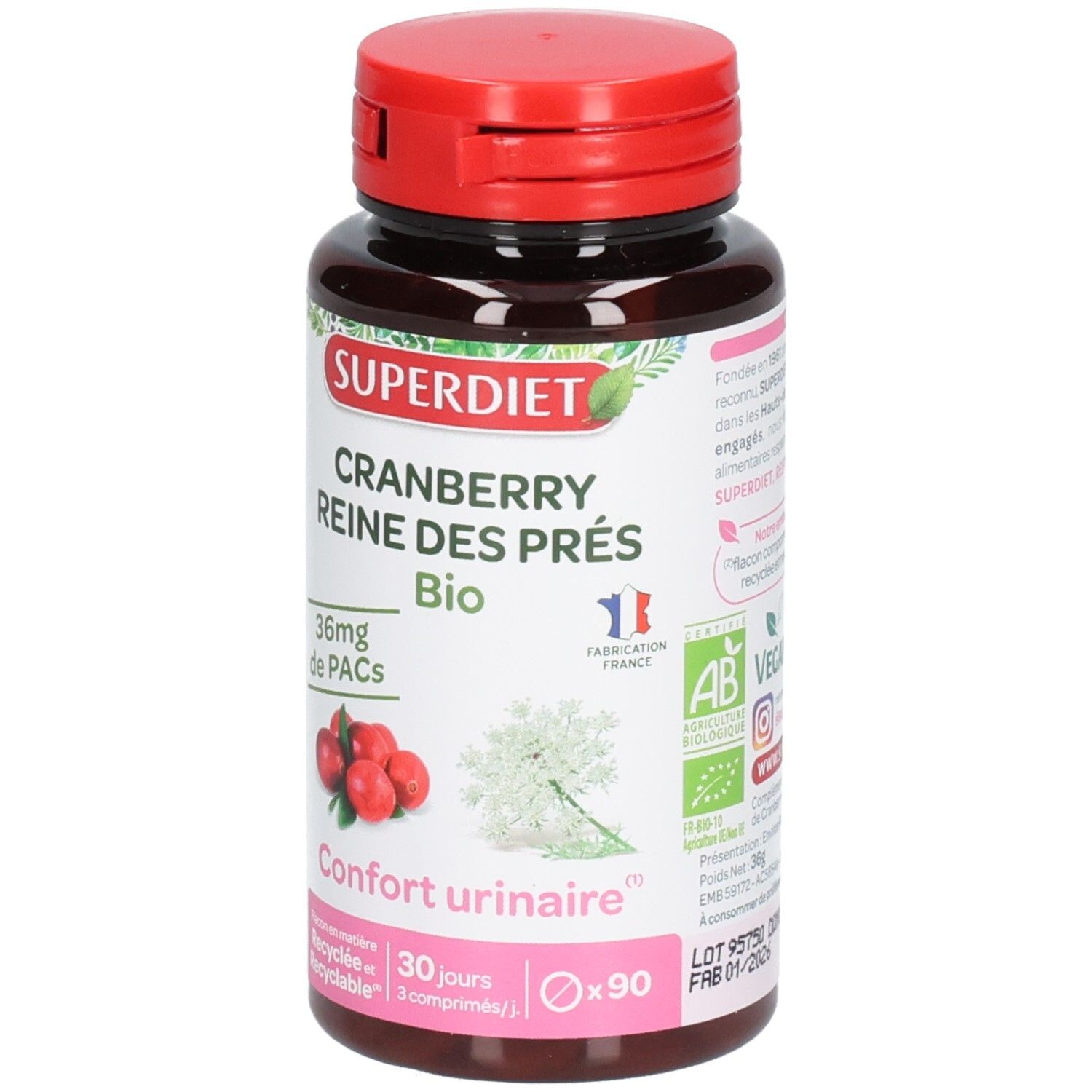 Braune Flasche mit rotem Deckel. Aufschrift: SUPERDIET CRANBERRY REINE DES PRÉS Bio. 90 Tabletten. Bio-Siegel.