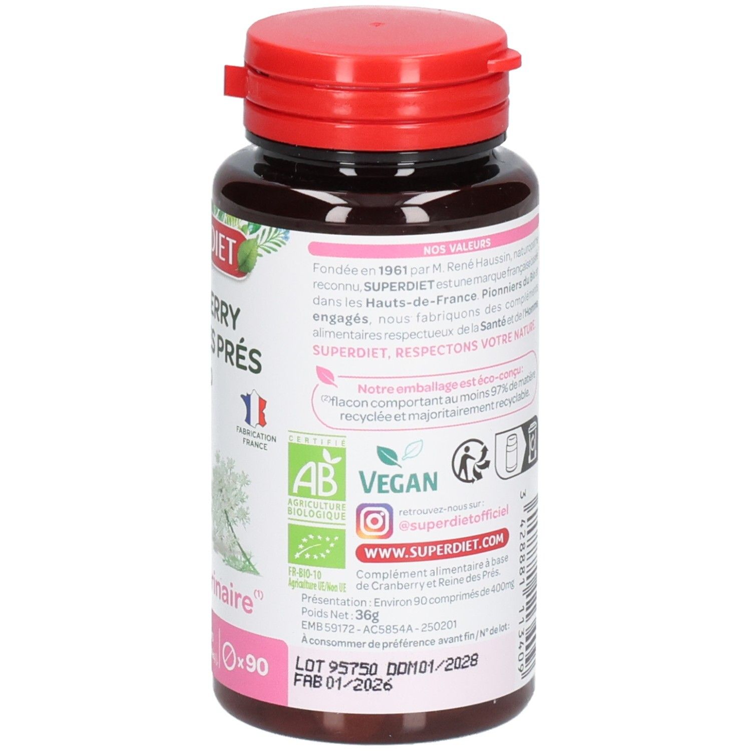 Rückseite der Flasche. Textinformationen. Bio-Siegel. Vegan-Siegel. Aufschrift: SUPERDIET. Roter Deckel. Braune Flasche.