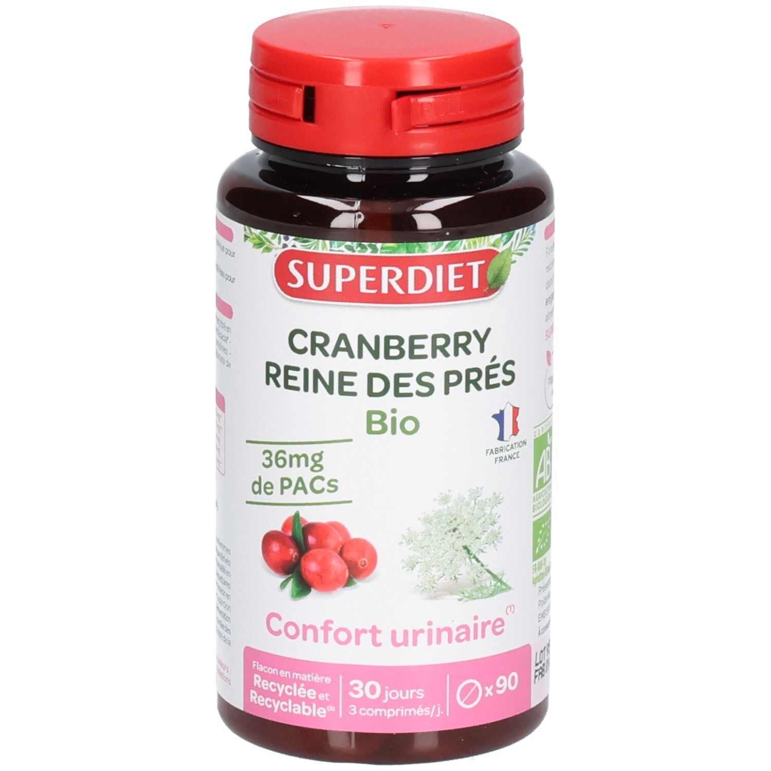 Braune Flasche mit rotem Deckel. Aufschrift: SUPERDIET CRANBERRY REINE DES PRÉS Bio. 90 Tabletten. Cranberry-Abbildung.