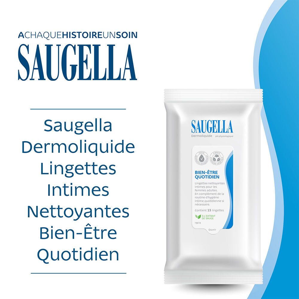 Pack Saugella avec texte: 'Saugella Dermoliquide Lingettes Intimes Nettoyantes Bien-Être Quotidien'.