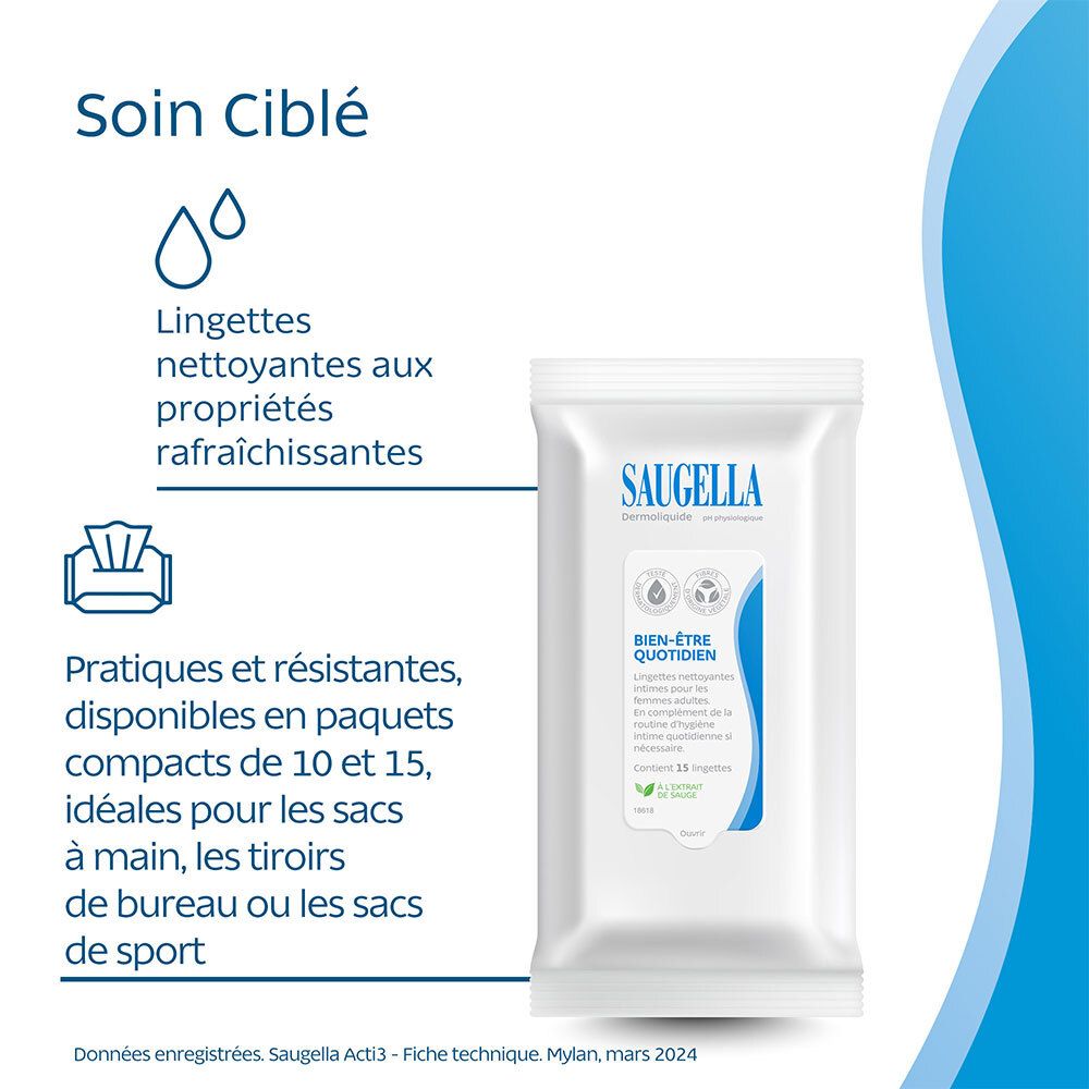 Emballage avec texte et icônes. Texte: 'Lingettes nettoyantes aux propriétés rafraîchissantes'.