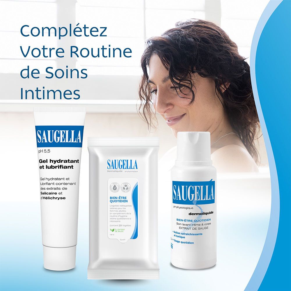 Trois produits Saugella: gel, lingettes et flacon. Texte: 'Complétez Votre Routine de Soins Intimes'.