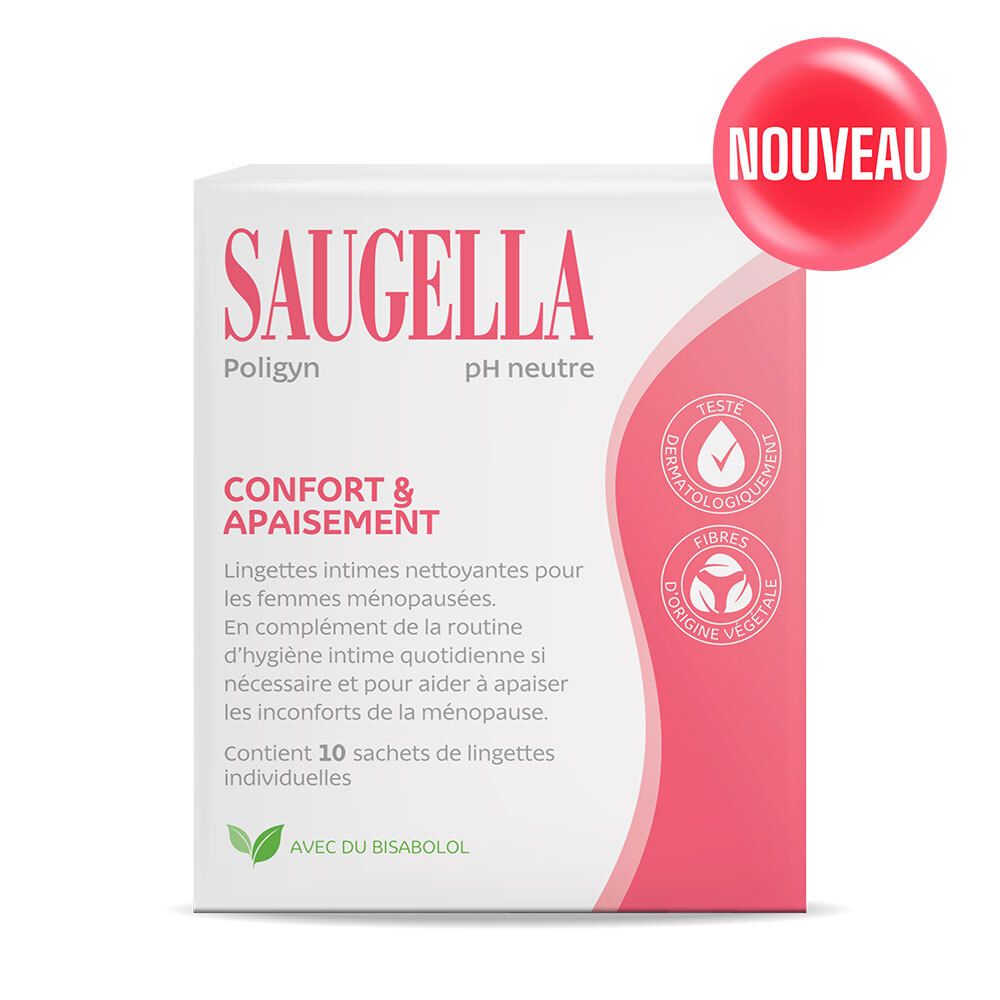 Boîte blanche avec inscription SAUGELLA, Poligyn, pH neutre, Confort & Apaisement. Étiquette rouge « NOUVEAU ».