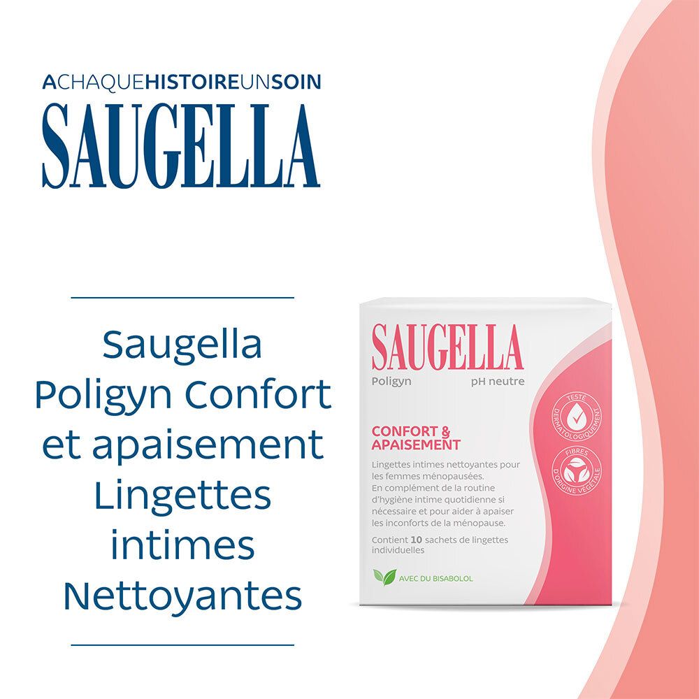 Publicité avec image du produit et texte. Inscription : SAUGELLA, Poligyn, Confort et apaisement, Lingettes intimes nettoyantes.
