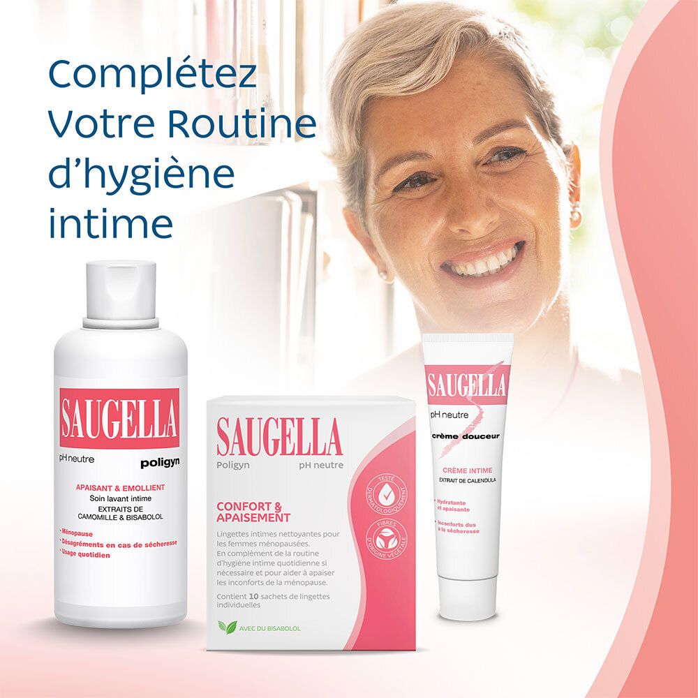 Publicité avec femme et produits. Inscription : SAUGELLA, pH neutre. Produits : lingettes, émulsion, crème.
