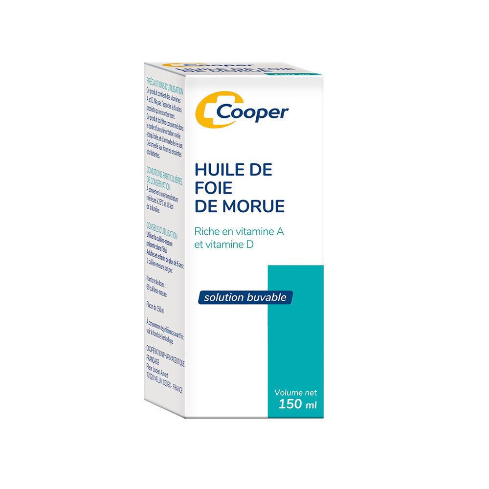 Weiße Schachtel mit Cooper-Logo und Produktbezeichnung: Huile de Foie de Morue. Enthält Vitamin A und D. 150 ml.