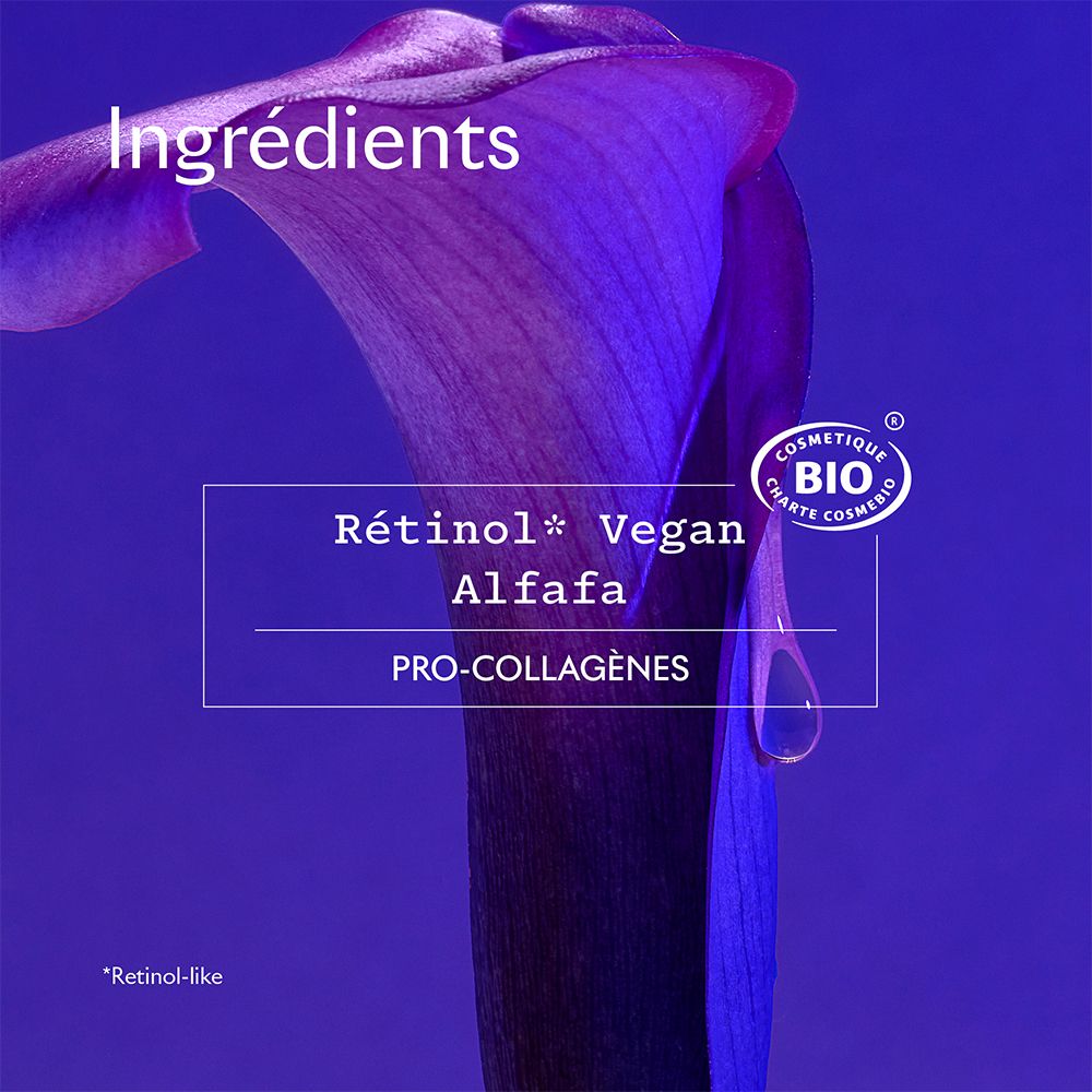 Nahaufnahme einer lila Blume. Text: Inhaltsstoffe, Retinol Vegan, Alfalfa, Pro-Kollagene. Bio-Zertifizierung.