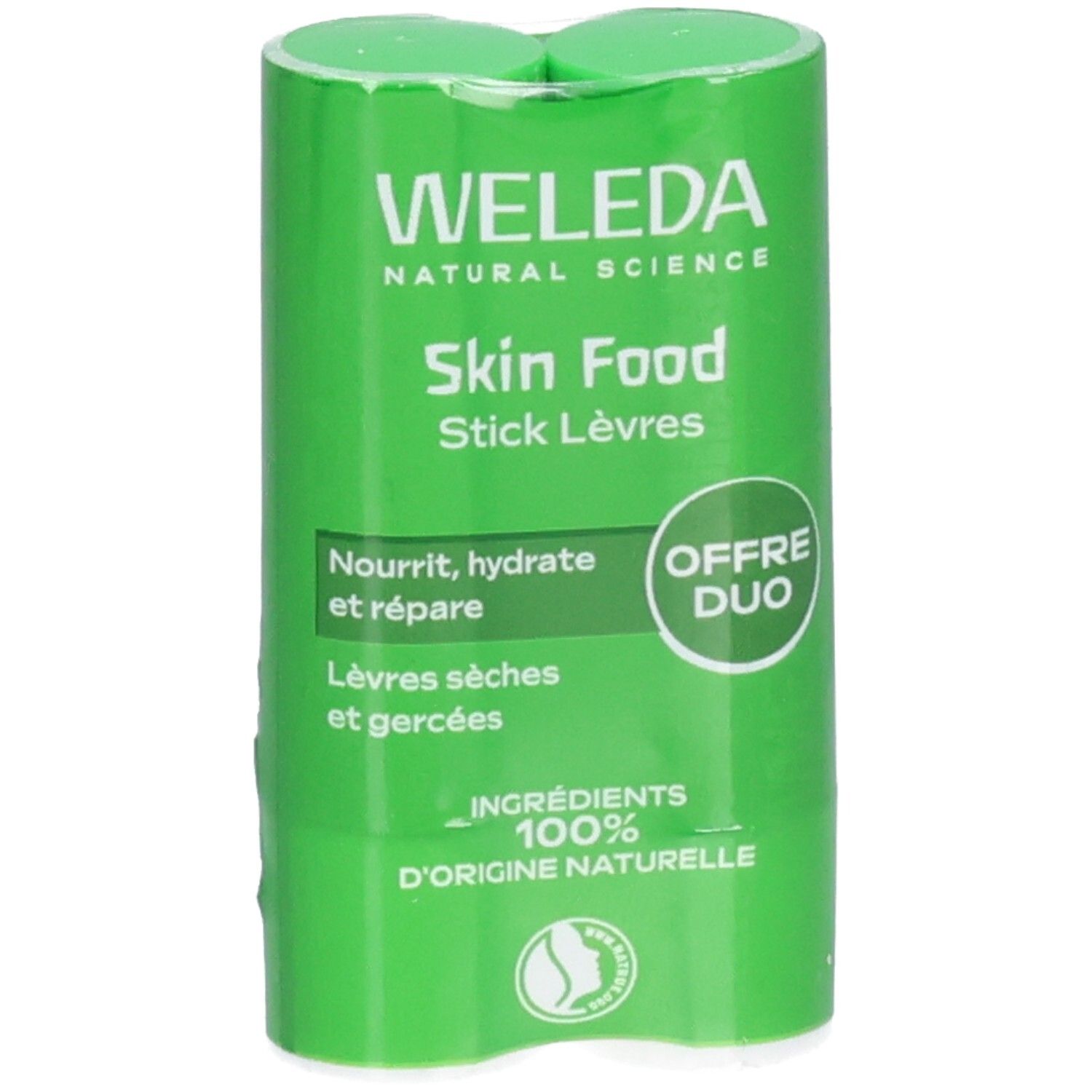 Grüner Lippenpflegestift-Doppelpackung. Aufschrift: WELEDA, Skin Food Stick Lèvres. Text: Nourrit, hydrate et répare. Lippenpflege für trockene Lippen.